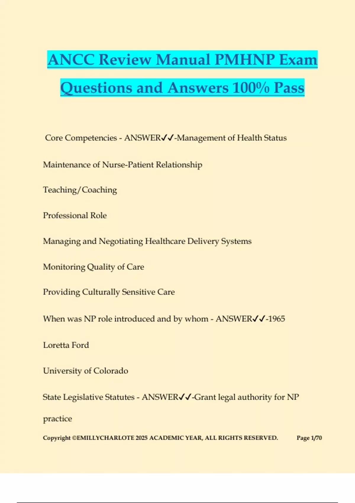 ANCC Review Manual PMHNP Exam Questions and Answers 100% Pass - PMHNP - Stuvia US