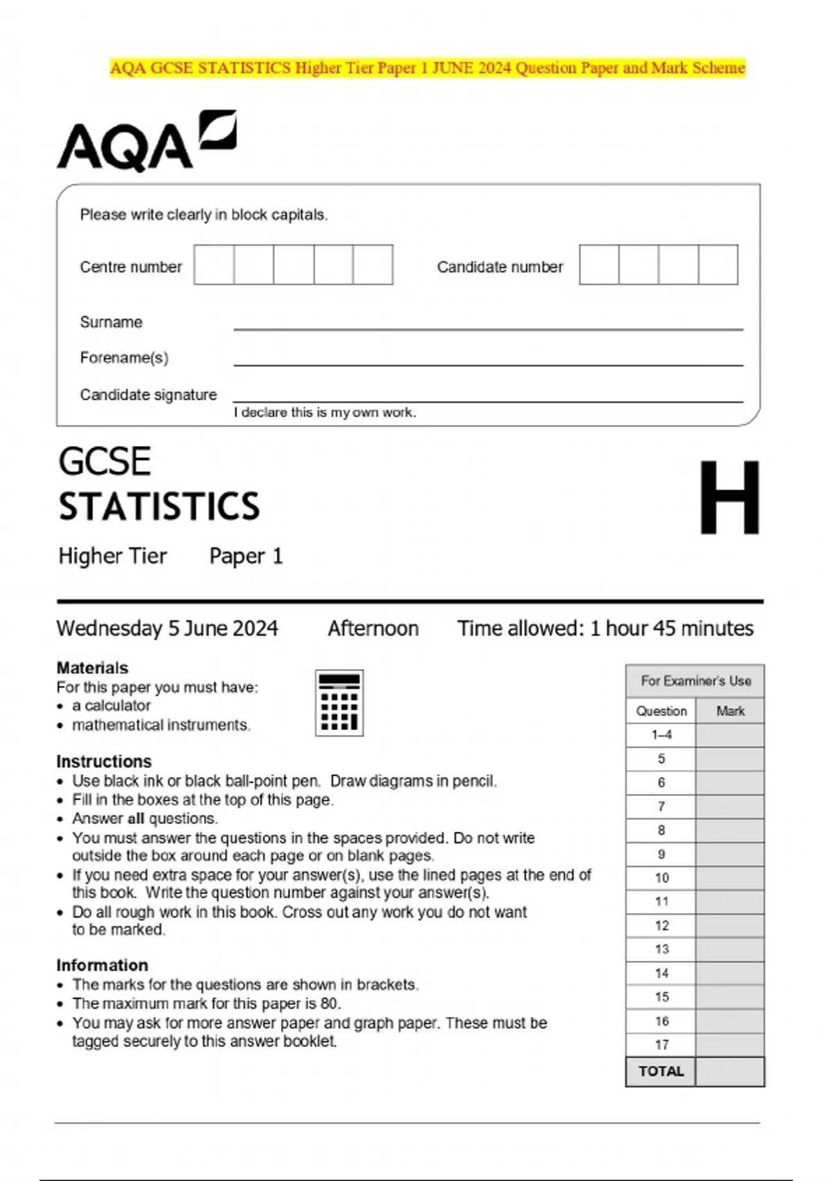 Gcse Example Questions AQA GCSE STATISTICS Higher Tier Paper 1 JUNE 2024 Question Paper and ...