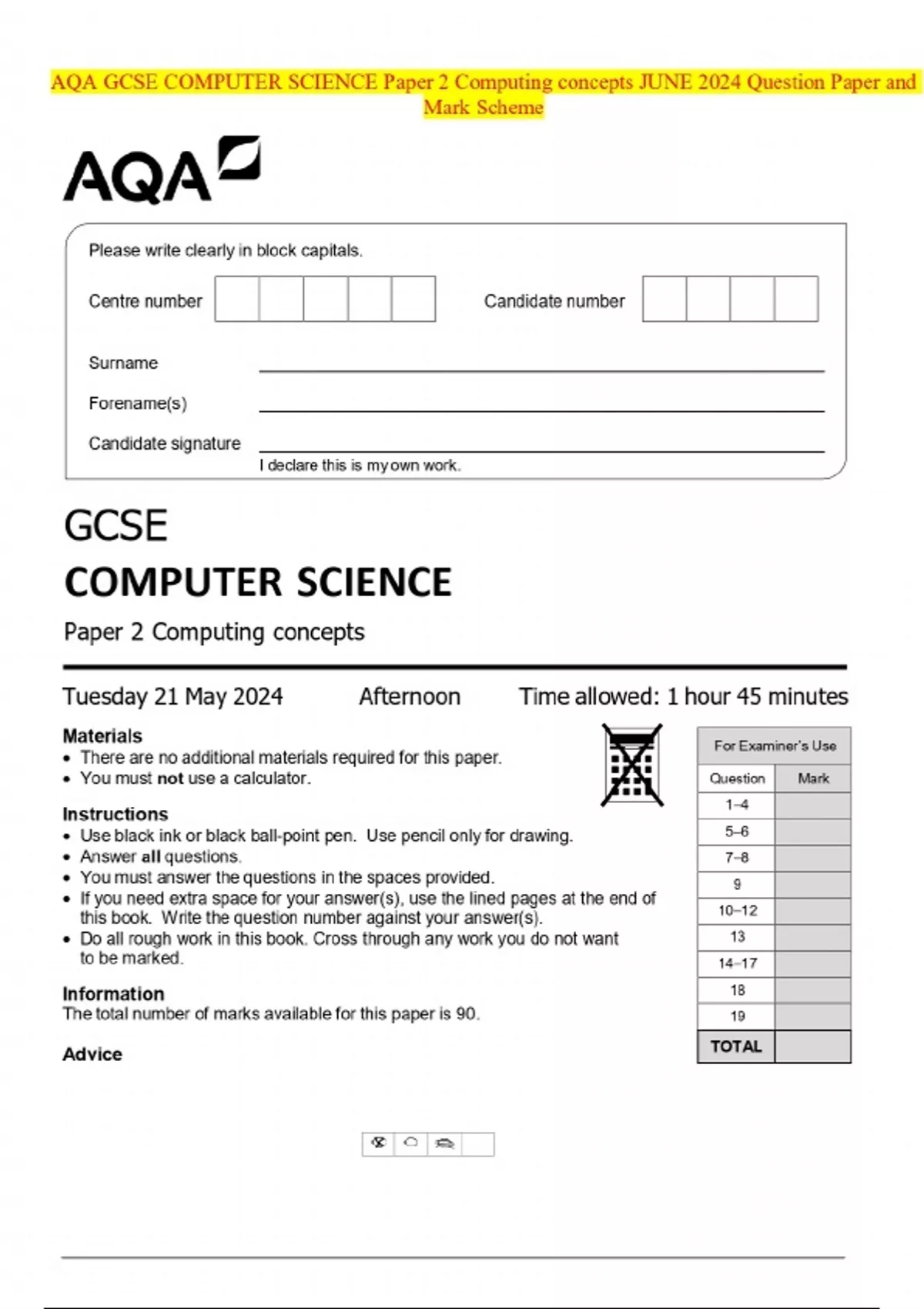 AQA GCSE COMPUTER SCIENCE Paper 2 Computing concepts JUNE 2024 Question ...