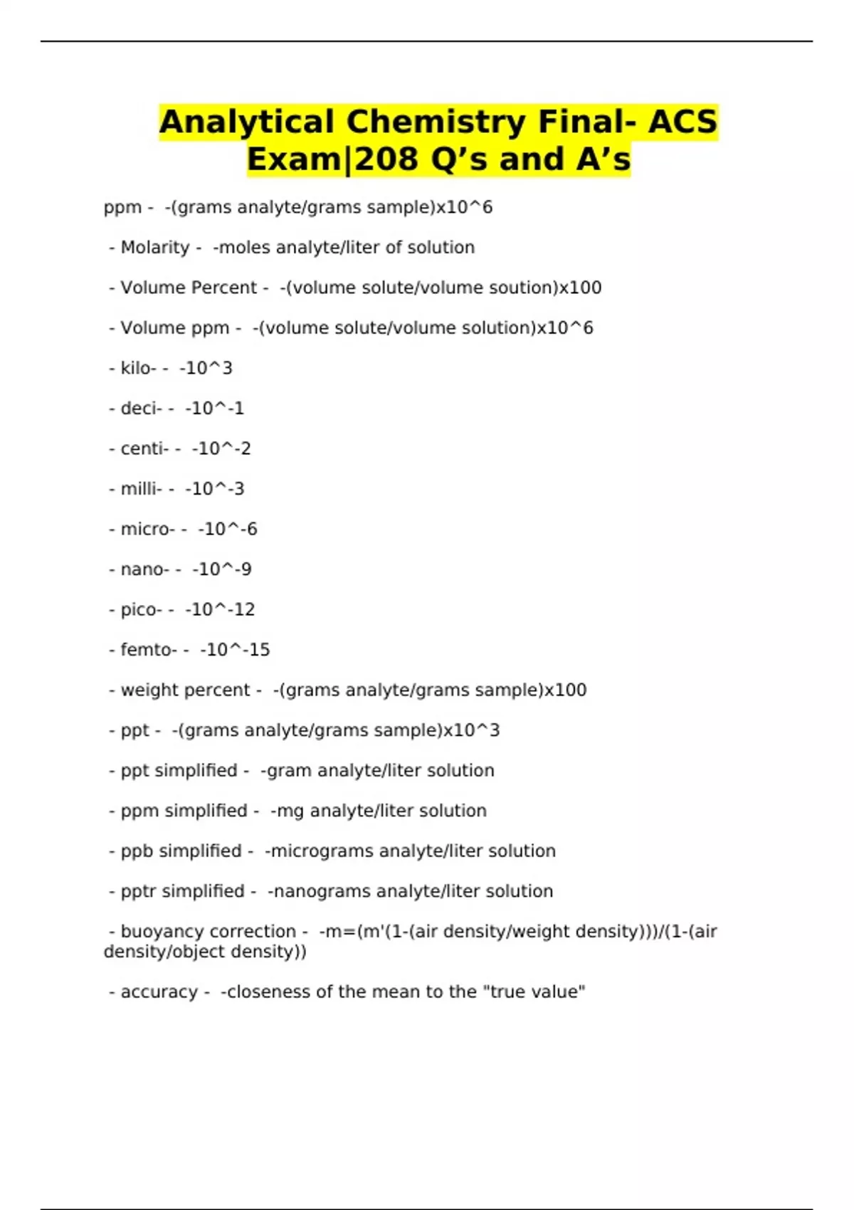 Analytical Chemistry Final- ACS Exam|208 Q’s and A’s - Analytical ...