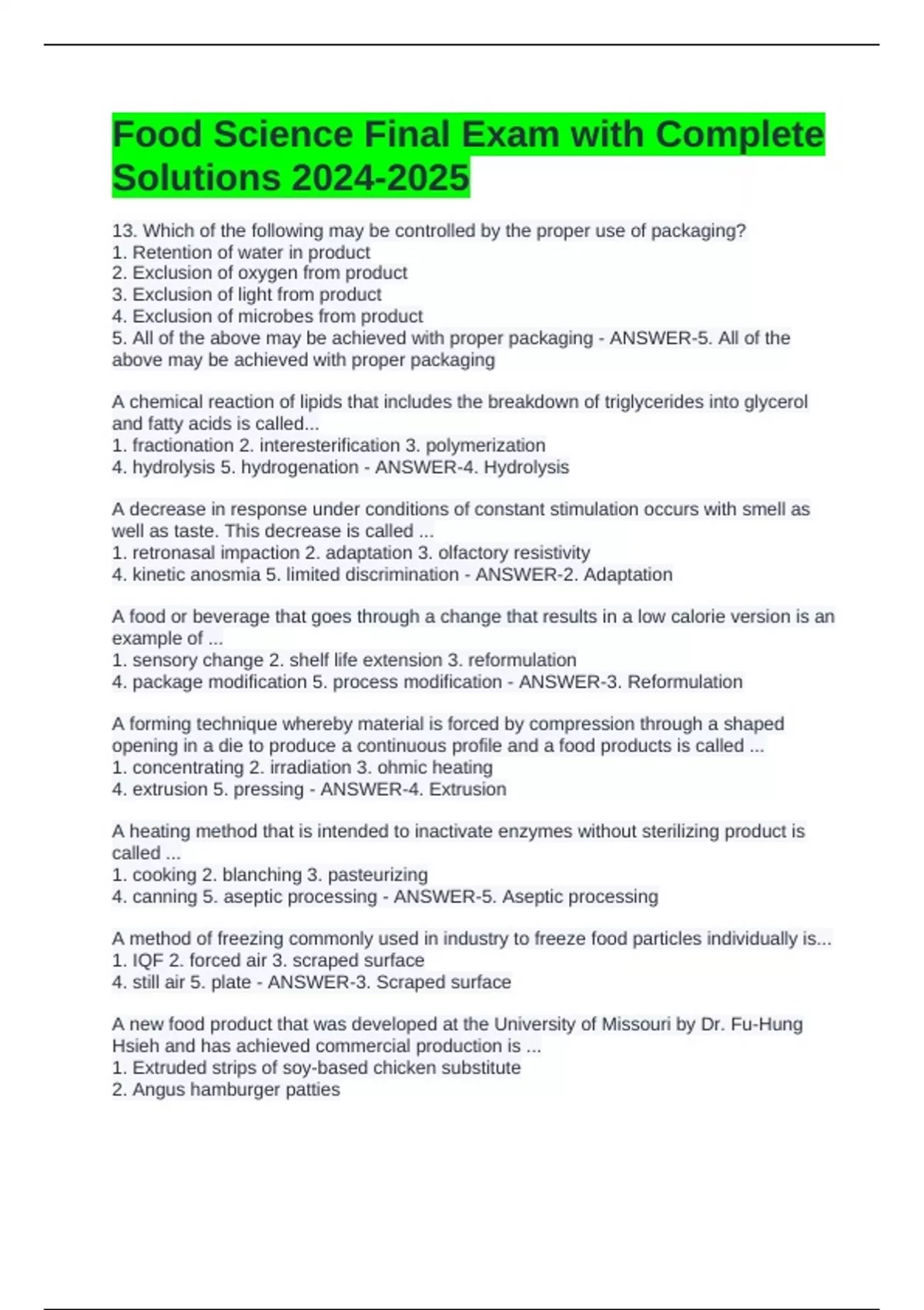 Food Science Final Exam with Complete Solutions - Food Science - Stuvia US