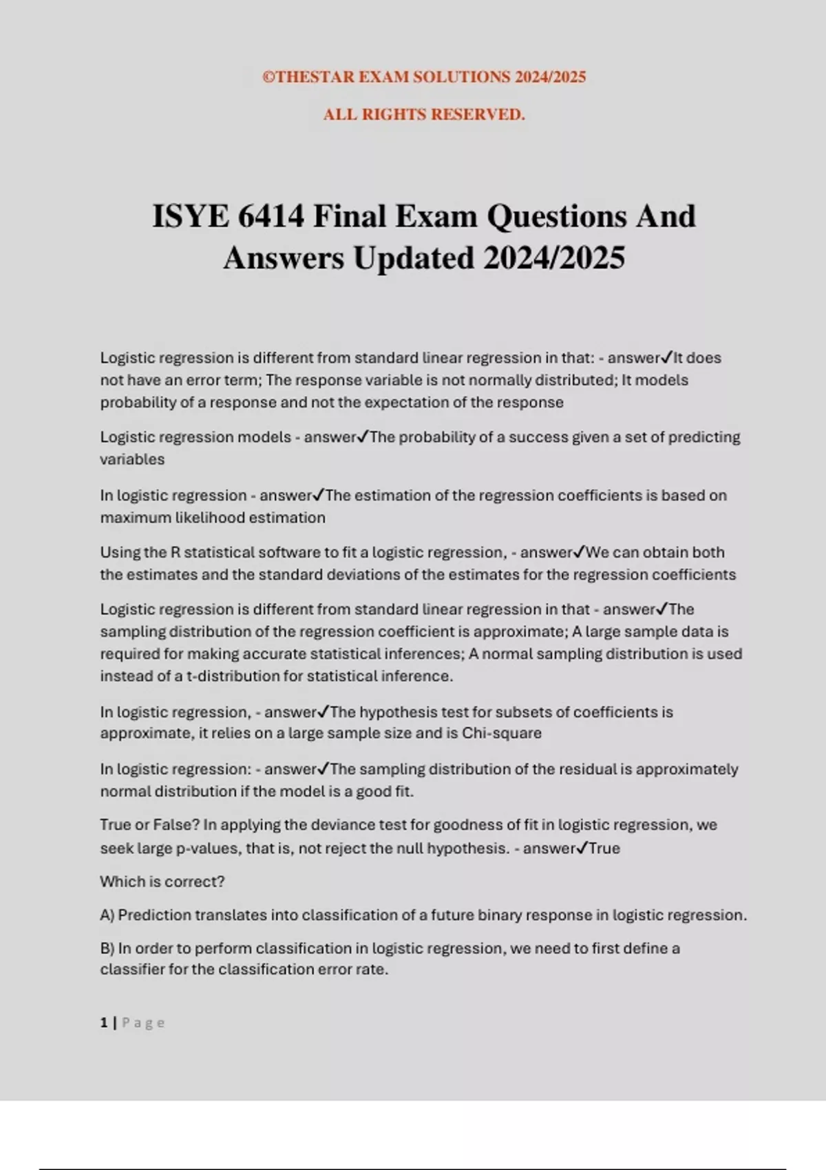 ISYE 6414 Final Exam Questions And Answers Updated 2024/2025 - ISYE ...