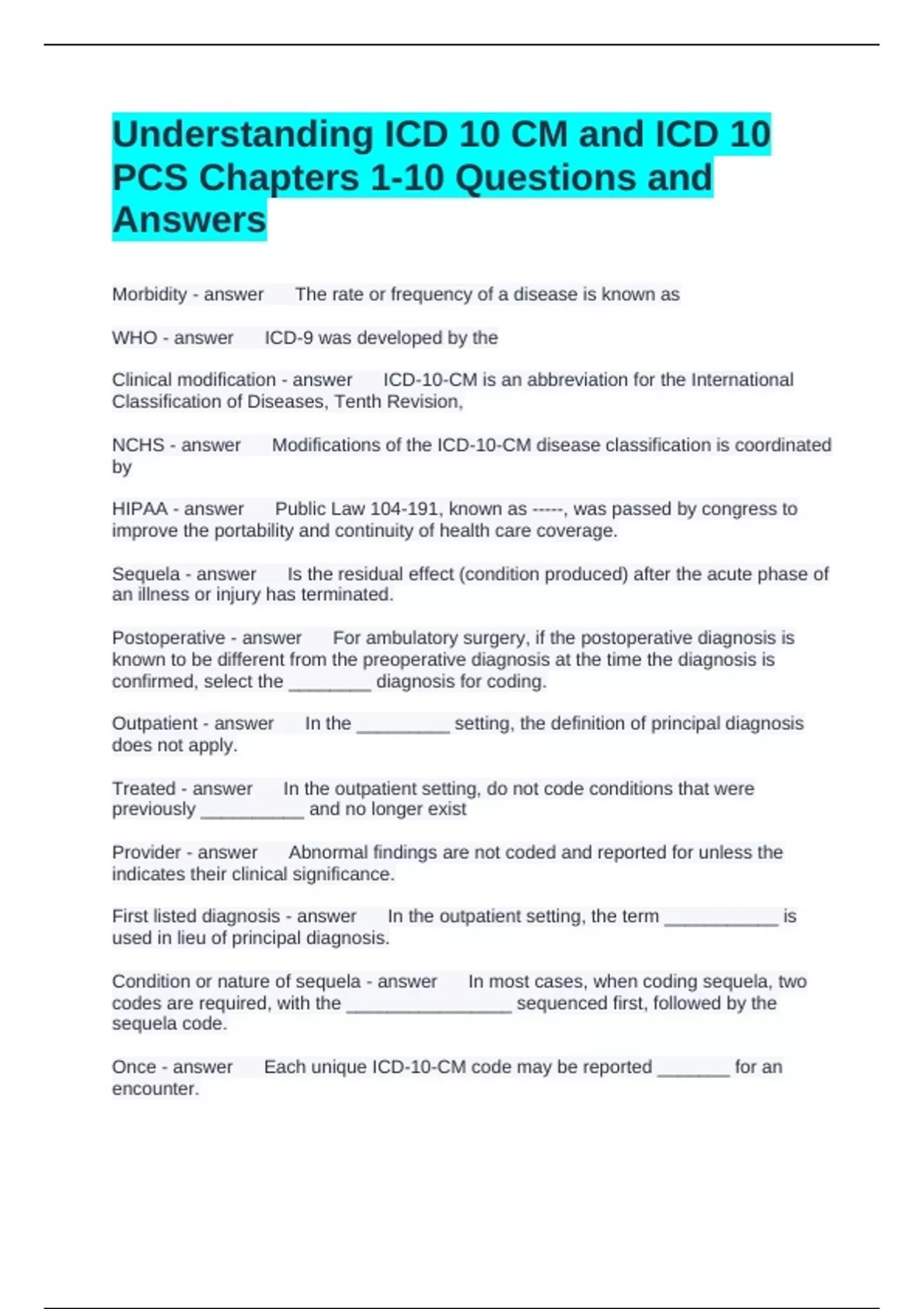 Understanding ICD 10 CM and ICD 10 PCS Chapters 1-10 Questions and ...
