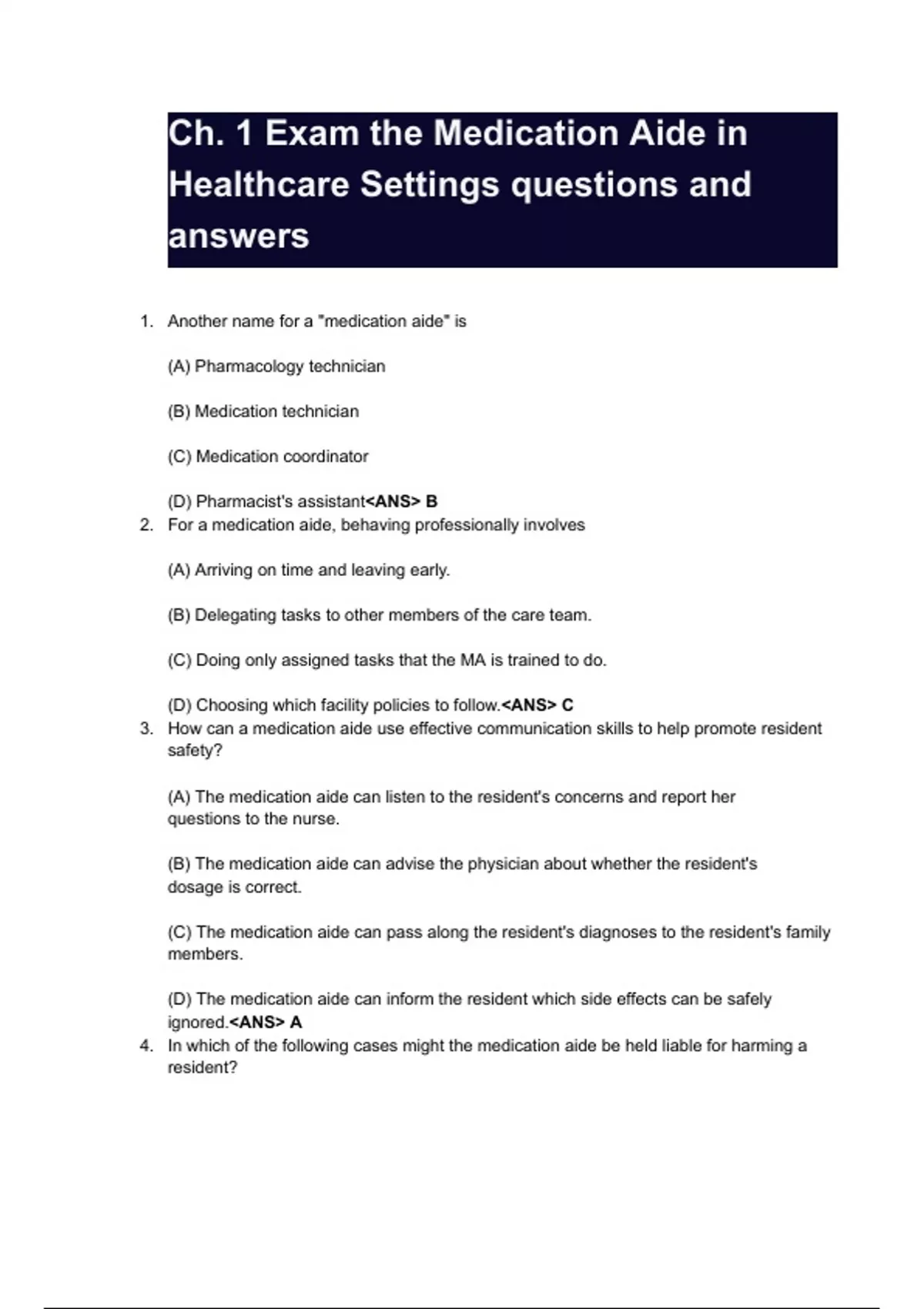 Ch. 1 Exam the Medication Aide in Healthcare Settings questions and ...