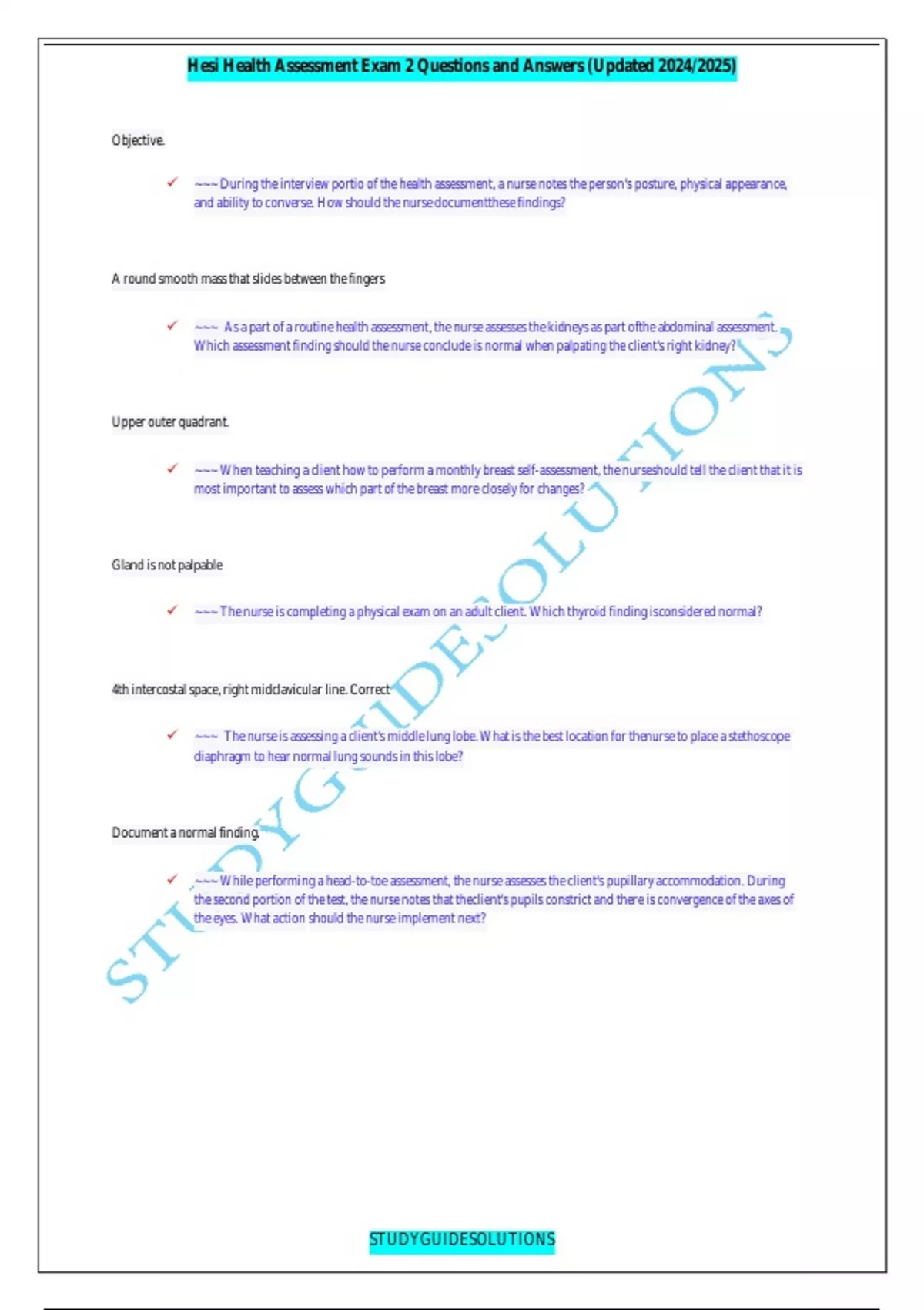 Hesi Health Assessment Exam 2 Questions and Answers (Updated 2024/2025 ...