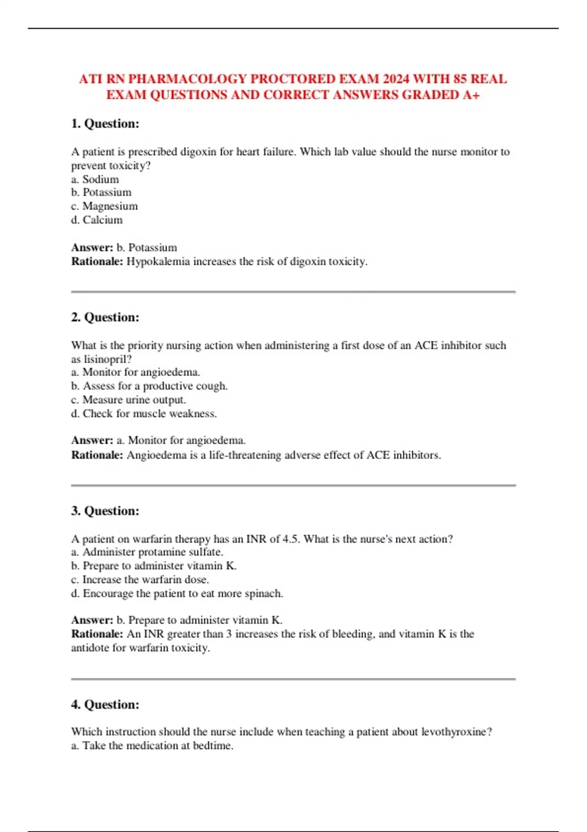 ATI RN PHARMACOLOGY PROCTORED EXAM 2024 WITH 85 REAL EXAM QUESTIONS AND ...