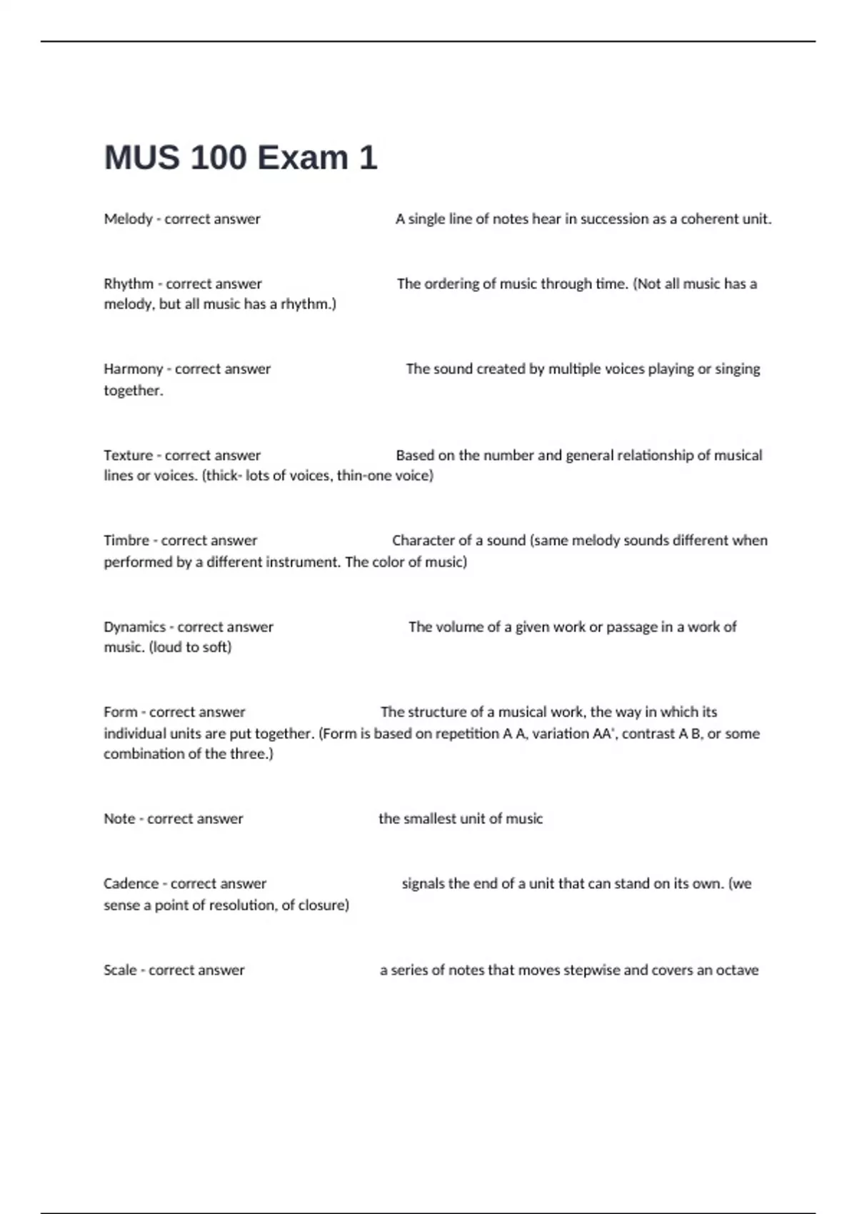 MUS 100 Exam 1 Questions And Verified Correct Detailed Answers Success ...
