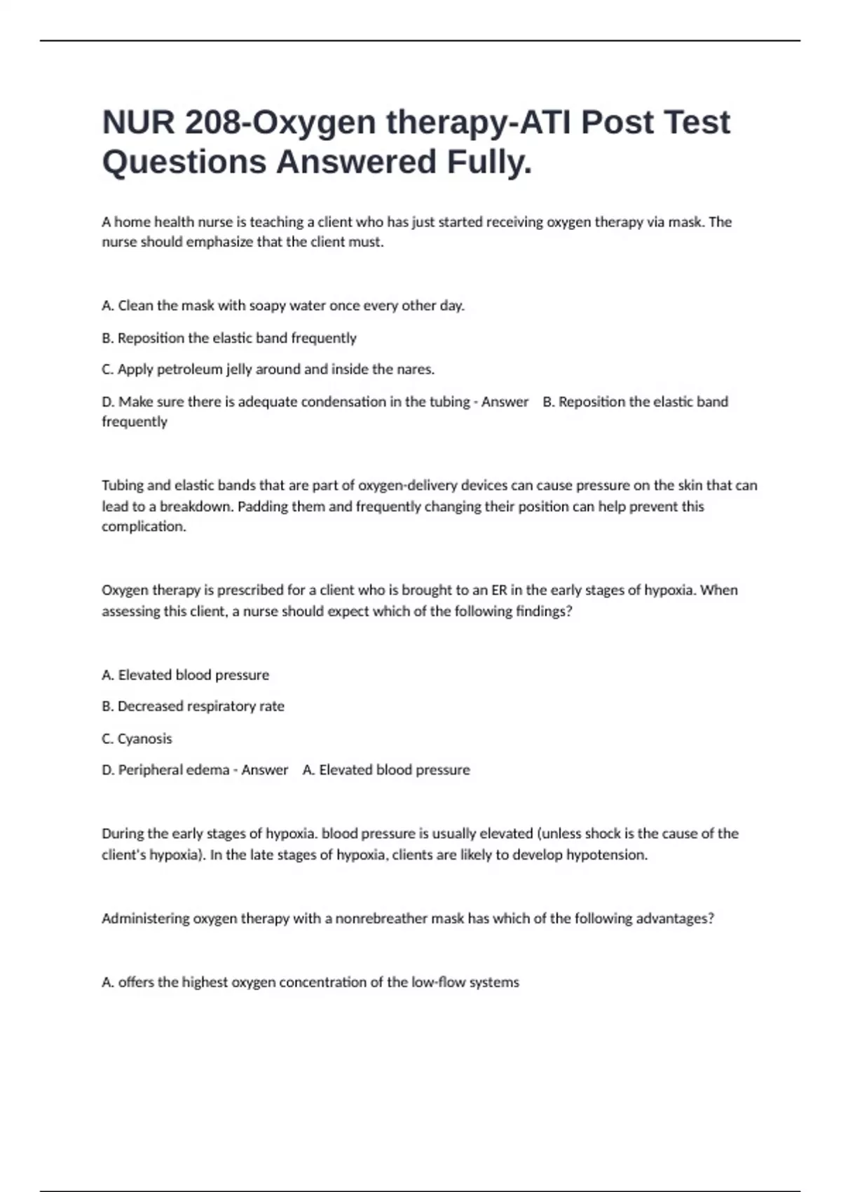 NUR 208-Oxygen therapy-ATI Post Test Questions Answered Fully. - NUR 208 - Stuvia US