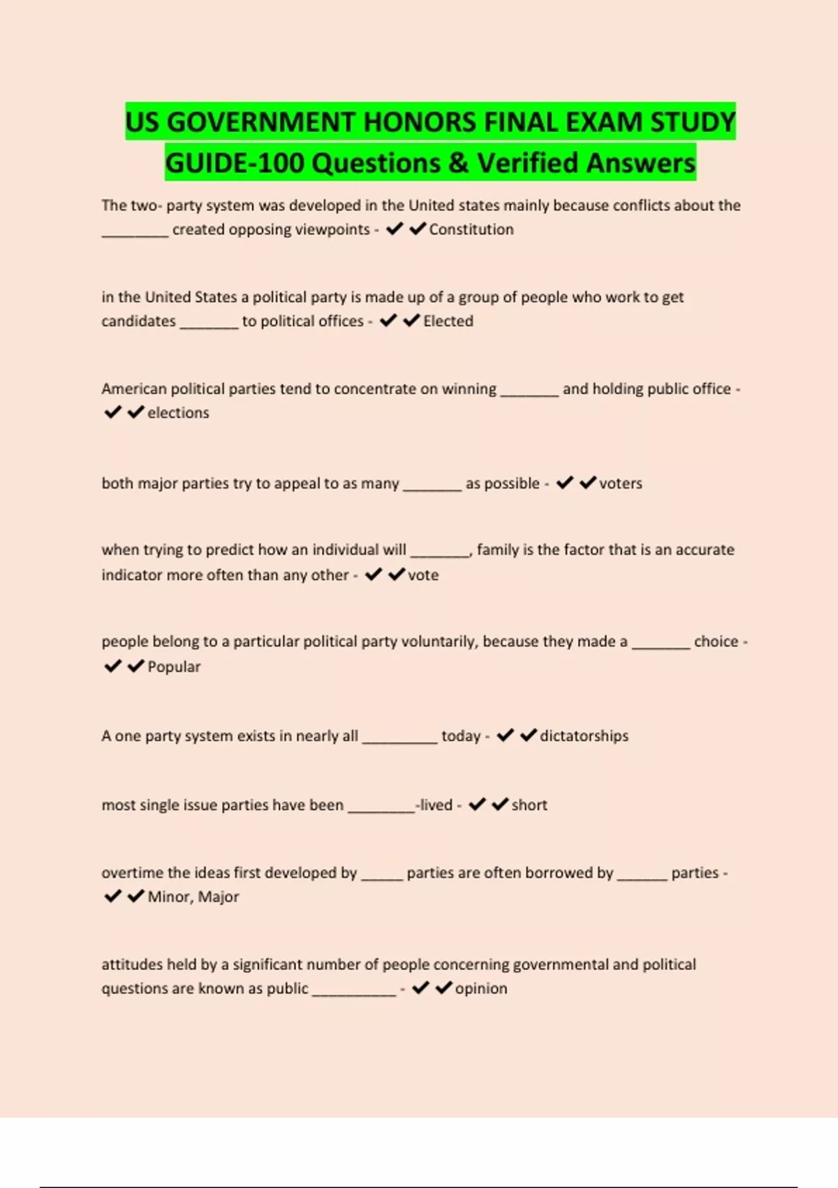 US GOVERNMENT HONORS FINAL EXAM STUDY GUIDE-100 Questions & Verified ...