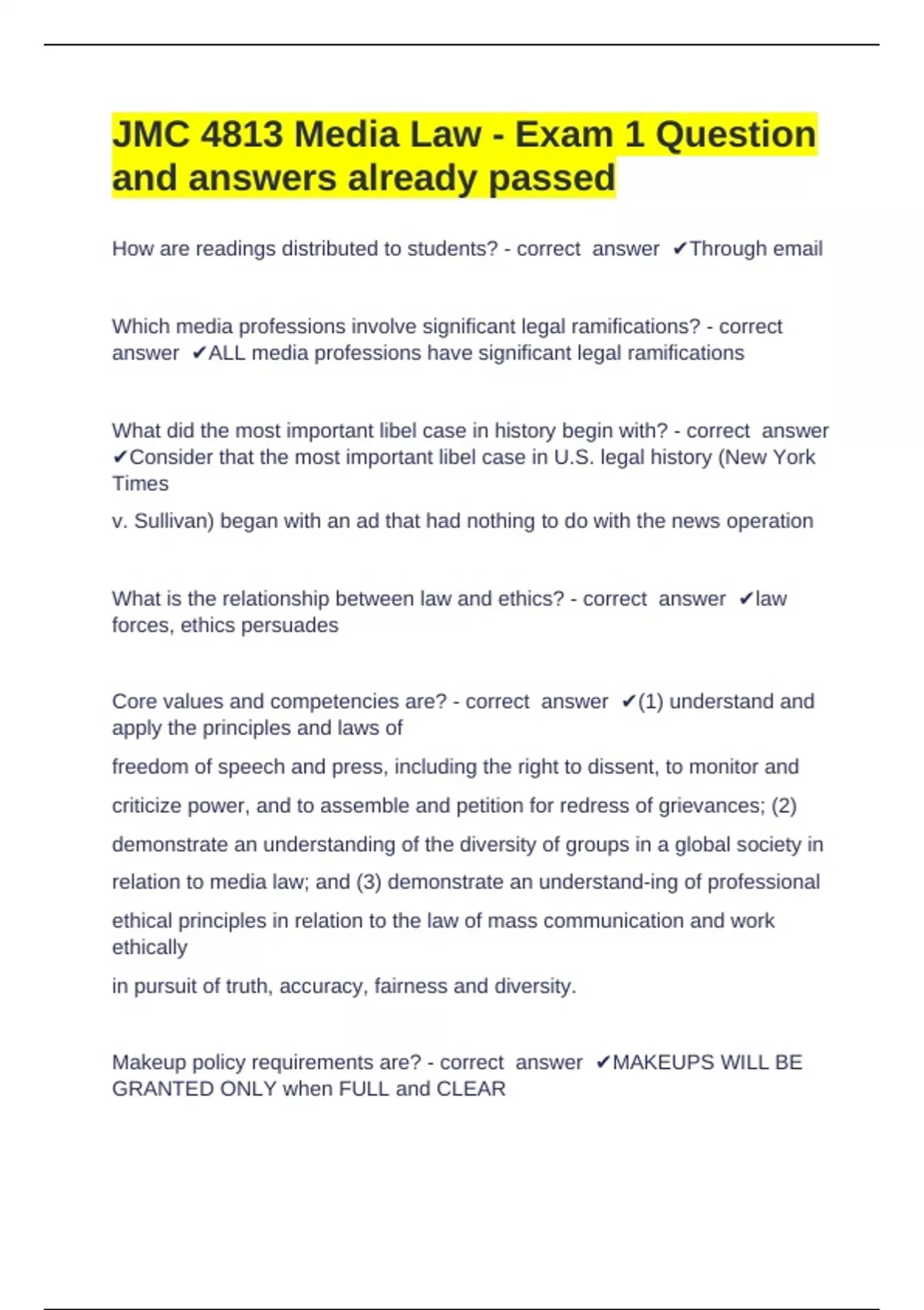 JMC 4813 Media Law - Exam 1 Question and answers already passed - JMC ...