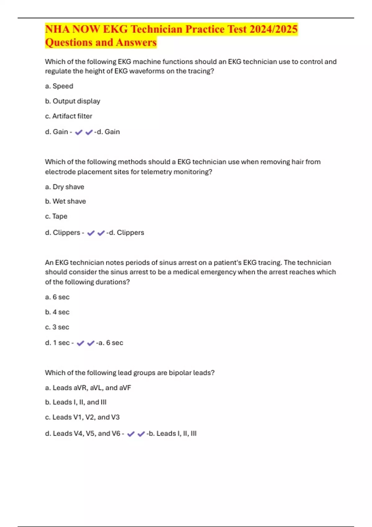 NHA NOW EKG Technician Practice Test 2024/2025 Questions and Answers ...