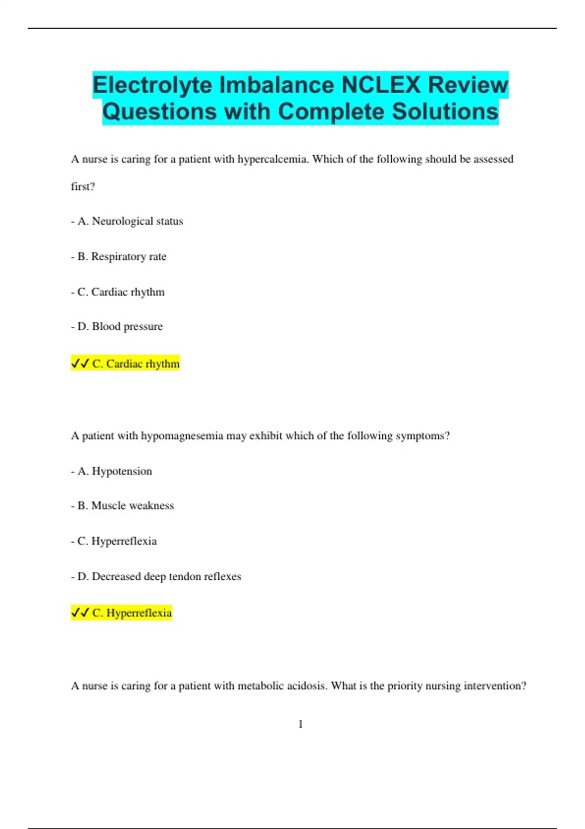 Electrolyte Imbalance NCLEX Review Questions with Complete Solutions ...