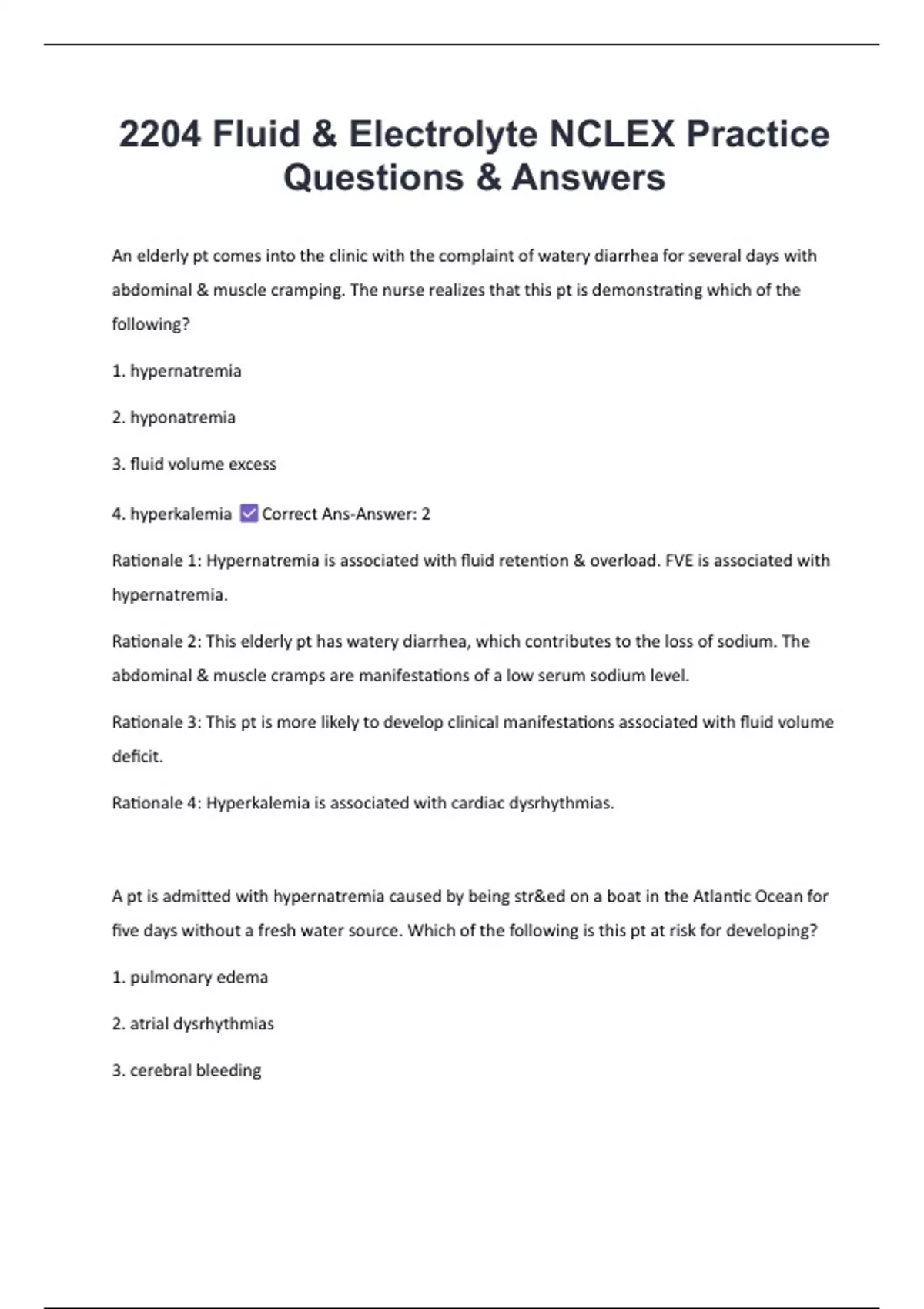 2204 Fluid & Electrolyte NCLEX Practice Questions & Answers - Fluid and ...
