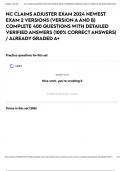 NC CLAIMS ADJUSTER EXAM 2024 NEWEST EXAM 2 VERSIONS &lpar;VERSION A AND B&rpar; COMPLETE 400 QUESTIONS WITH DETAILED VERIFIED ANSWERS &lpar;100&percnt; CORRECT ANSWERS&rpar; &sol; ALREADY GRADED A&plus;