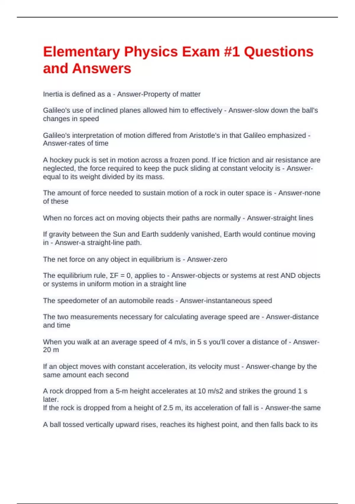 Elementary Physics Exam #1 Questions and Answers - Physics - Stuvia US