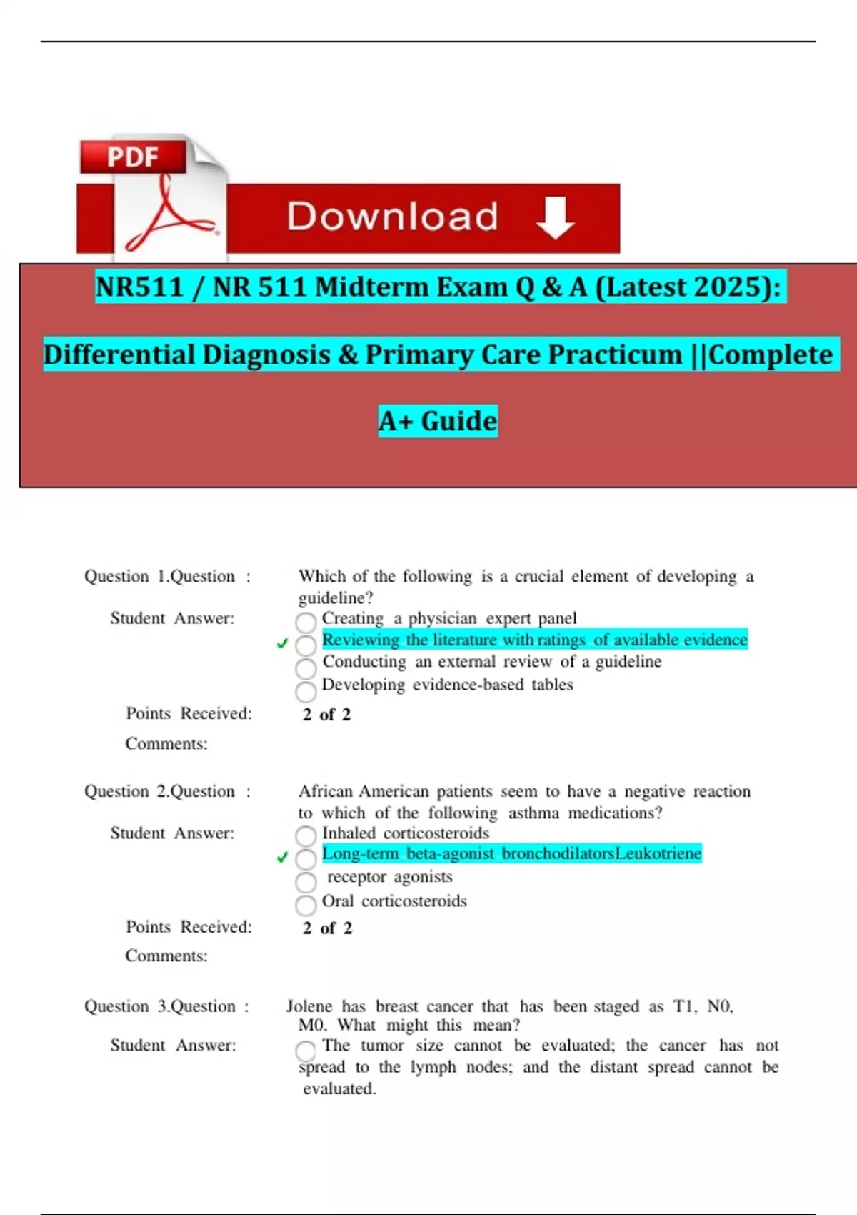 NR511 / NR 511 Midterm Exam Q & A (Latest 2025): Differential Diagnosis ...