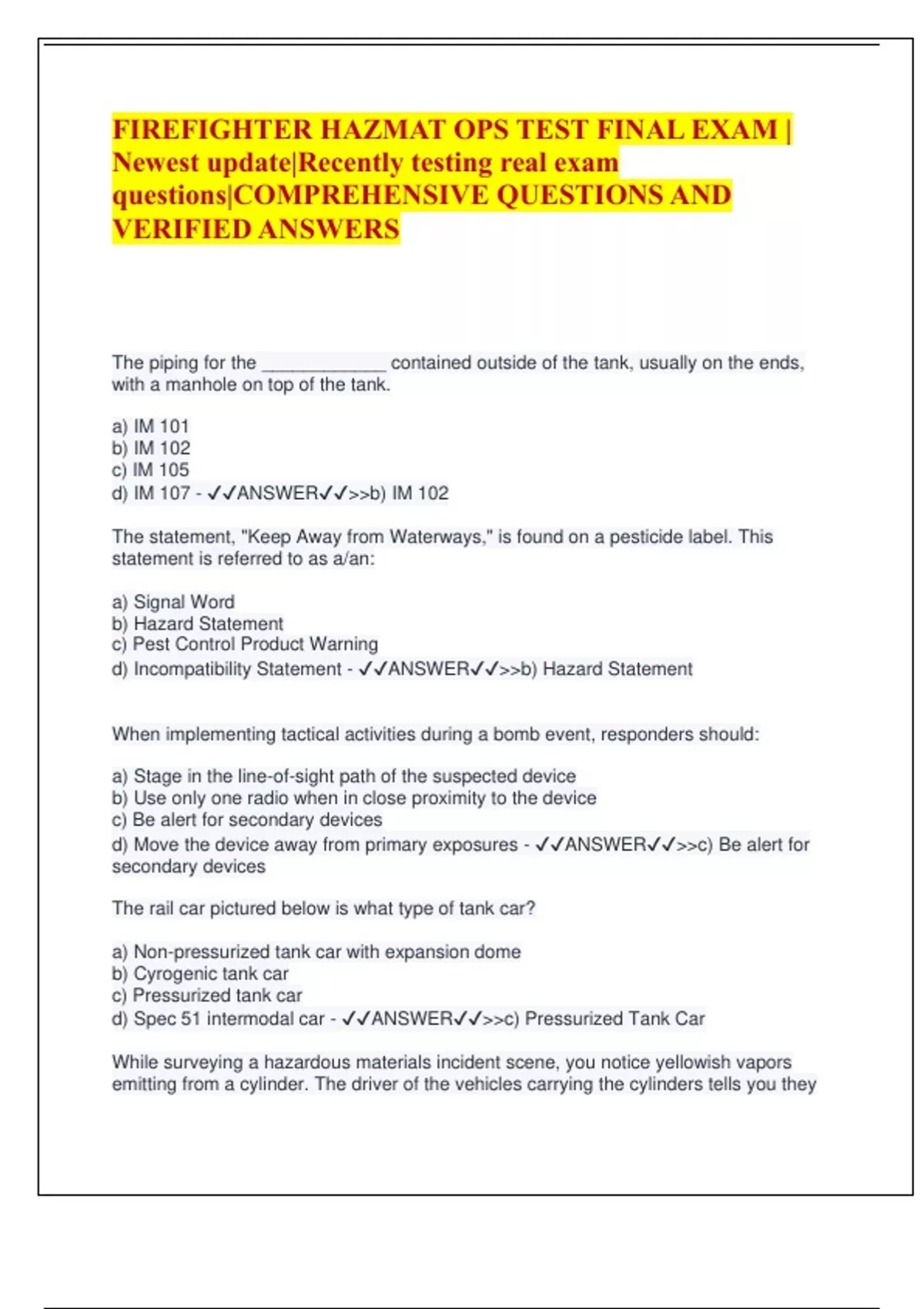 FIREFIGHTER HAZMAT OPS TEST FINAL EXAM | Newest update|Recently testing ...