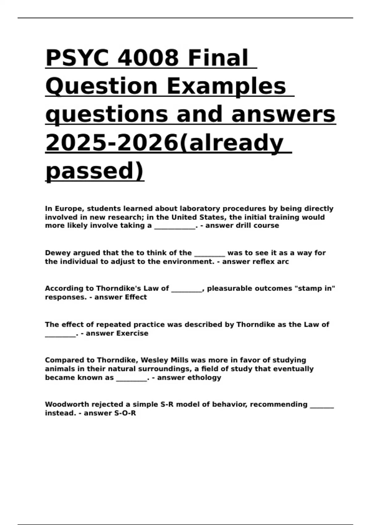 PSYC 4008 Final Question Examples questions and answers (already passed ...