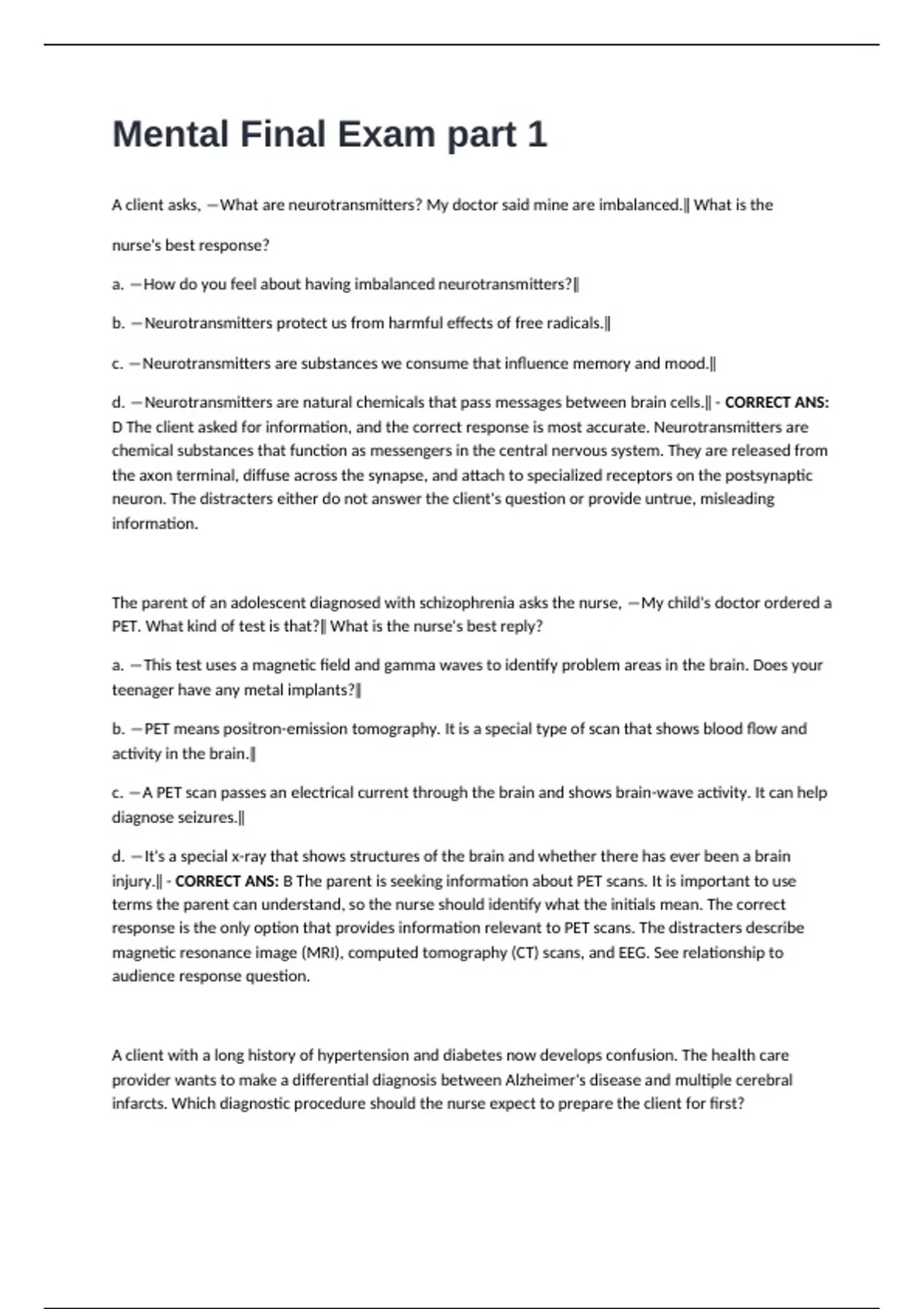 Mental Final Exam part 1 questions and answers - Mental health - Stuvia US