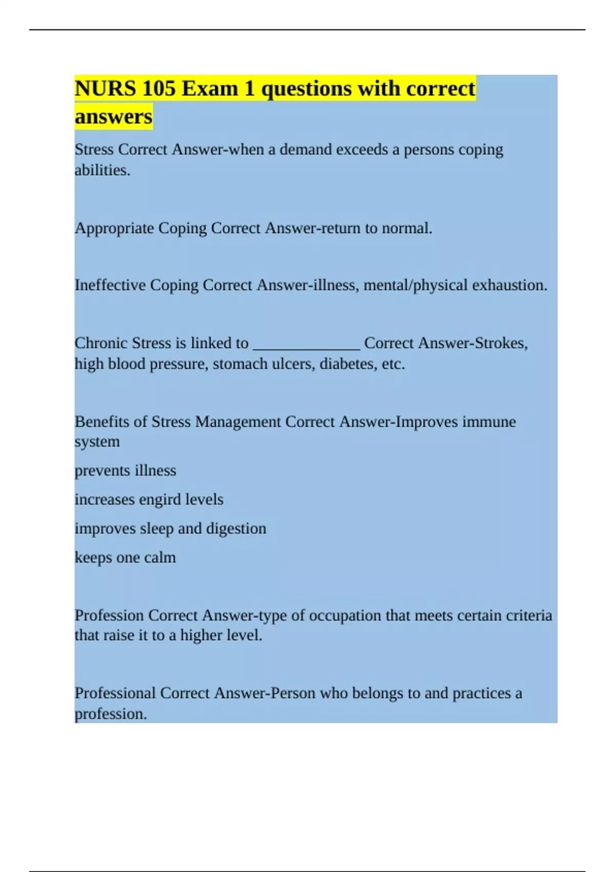 NURS 105 Exam 1 questions with correct answers - RN- Nursing - Stuvia US