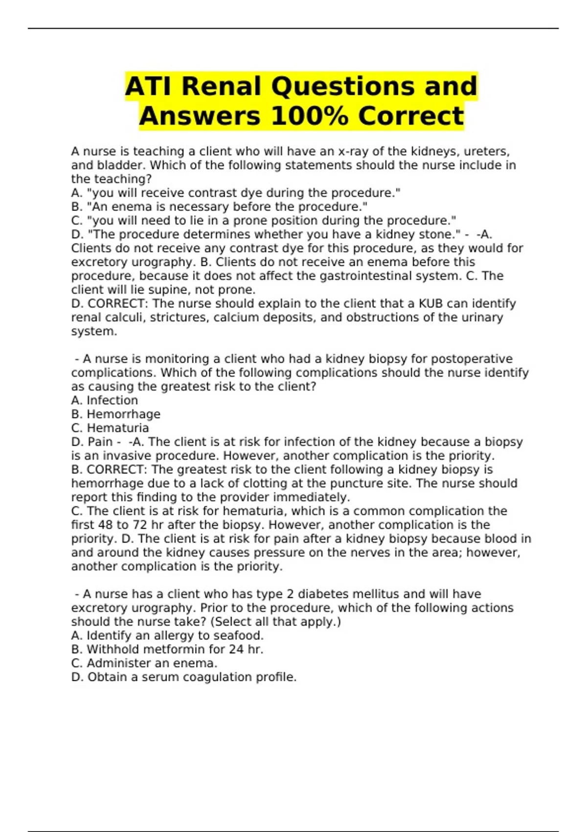 ATI Renal Questions and Answers 100% Correct - ATI Renal Questions and ...