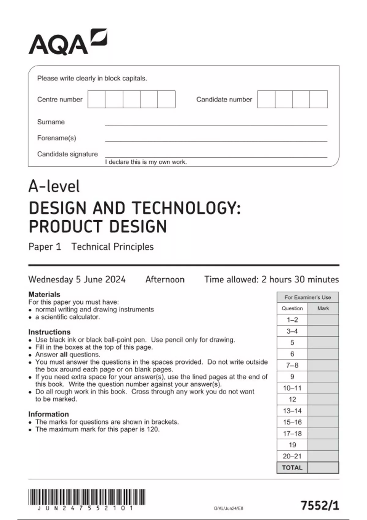 AQA A-level DESIGN AND TECHNOLOGY: PRODUCT DESIGN Paper 1 JUNE 2024 ...