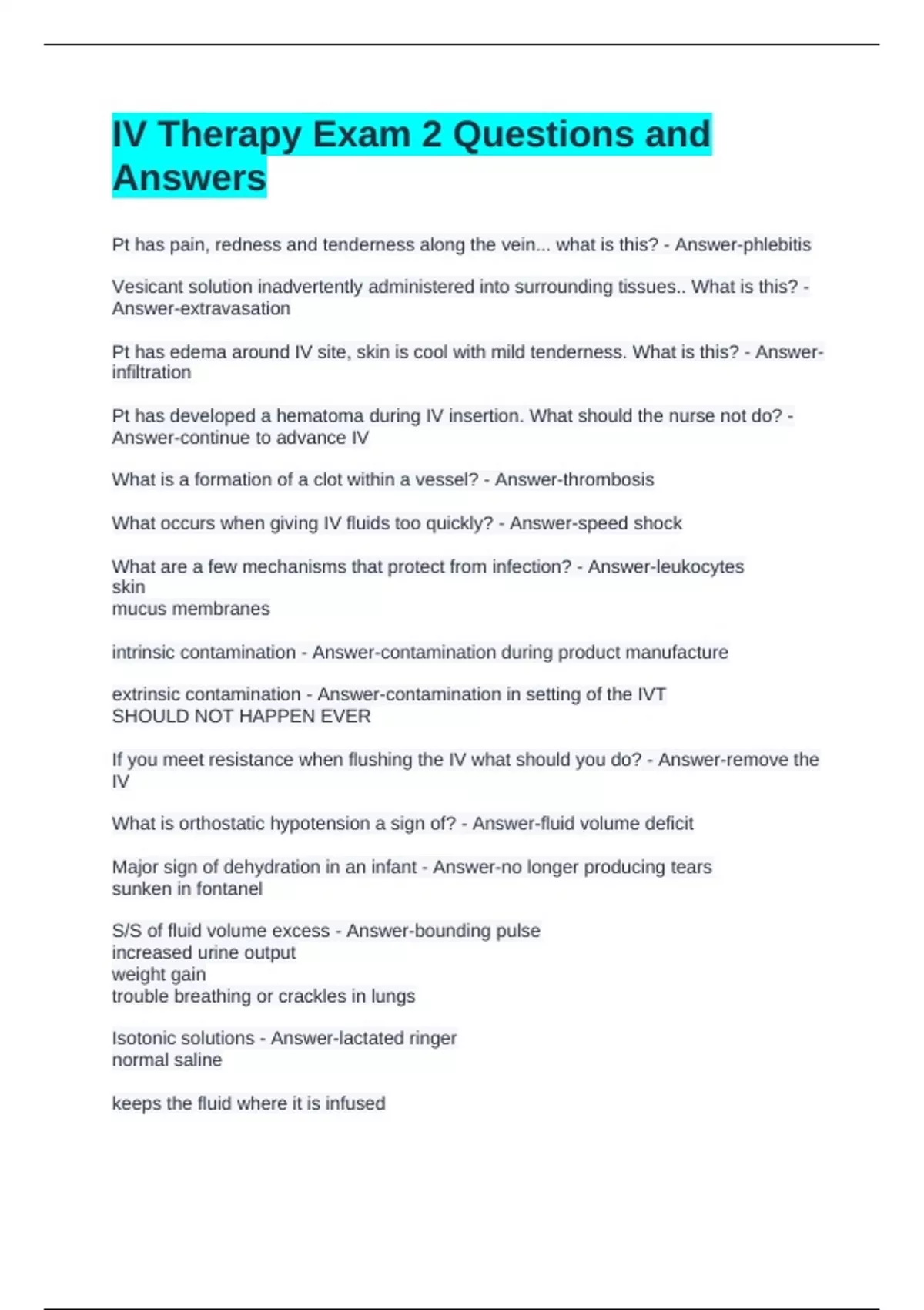 IV Therapy Exam 2 Questions and Answers - IV Therapy - Stuvia US