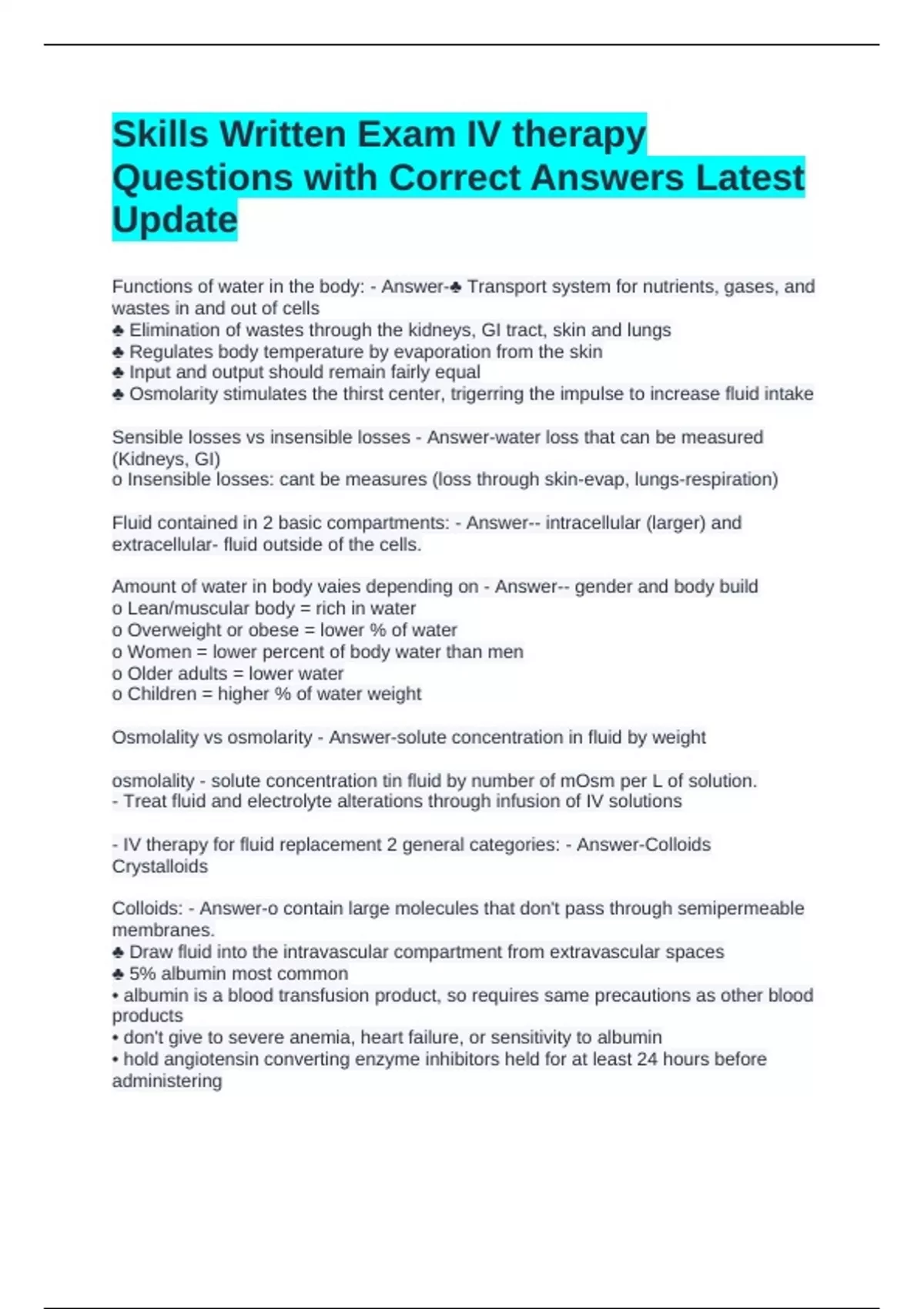 Sample Iv Questions Skills Written Exam IV Therapy Questions with Correct Answers Latest ...