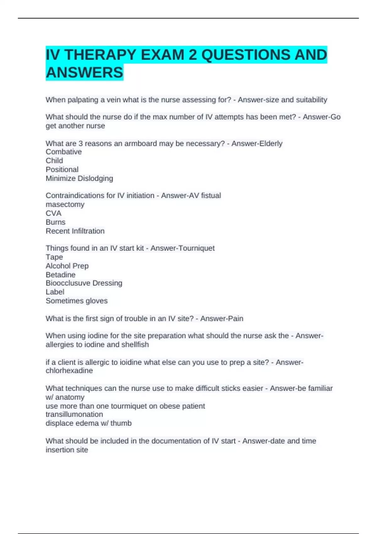 Sample Iv Questions IV THERAPY EXAM 2 QUESTIONS AND ANSWERS - IV Therapy - Stuvia US