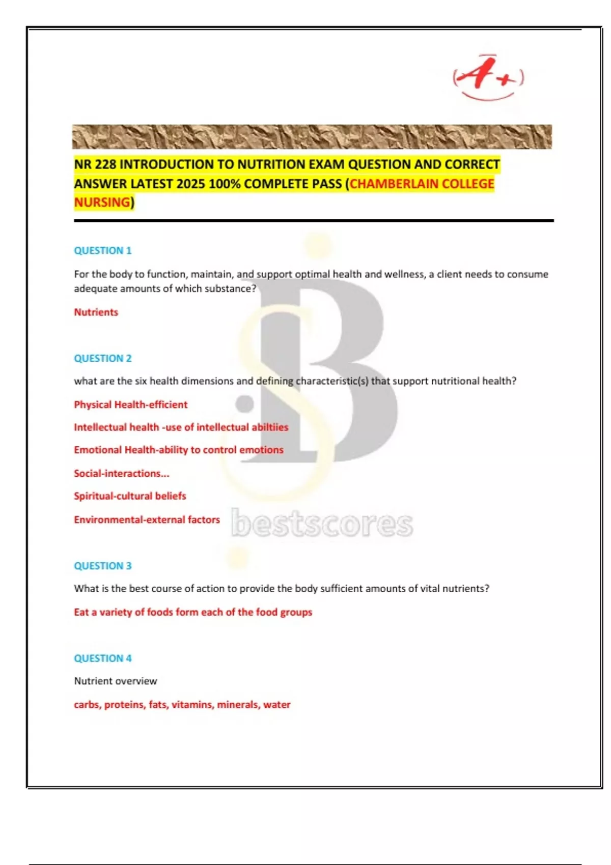 NR 228 INTRODUCTION TO NUTRITION EXAM QUESTION AND CORRECT ANSWER ...