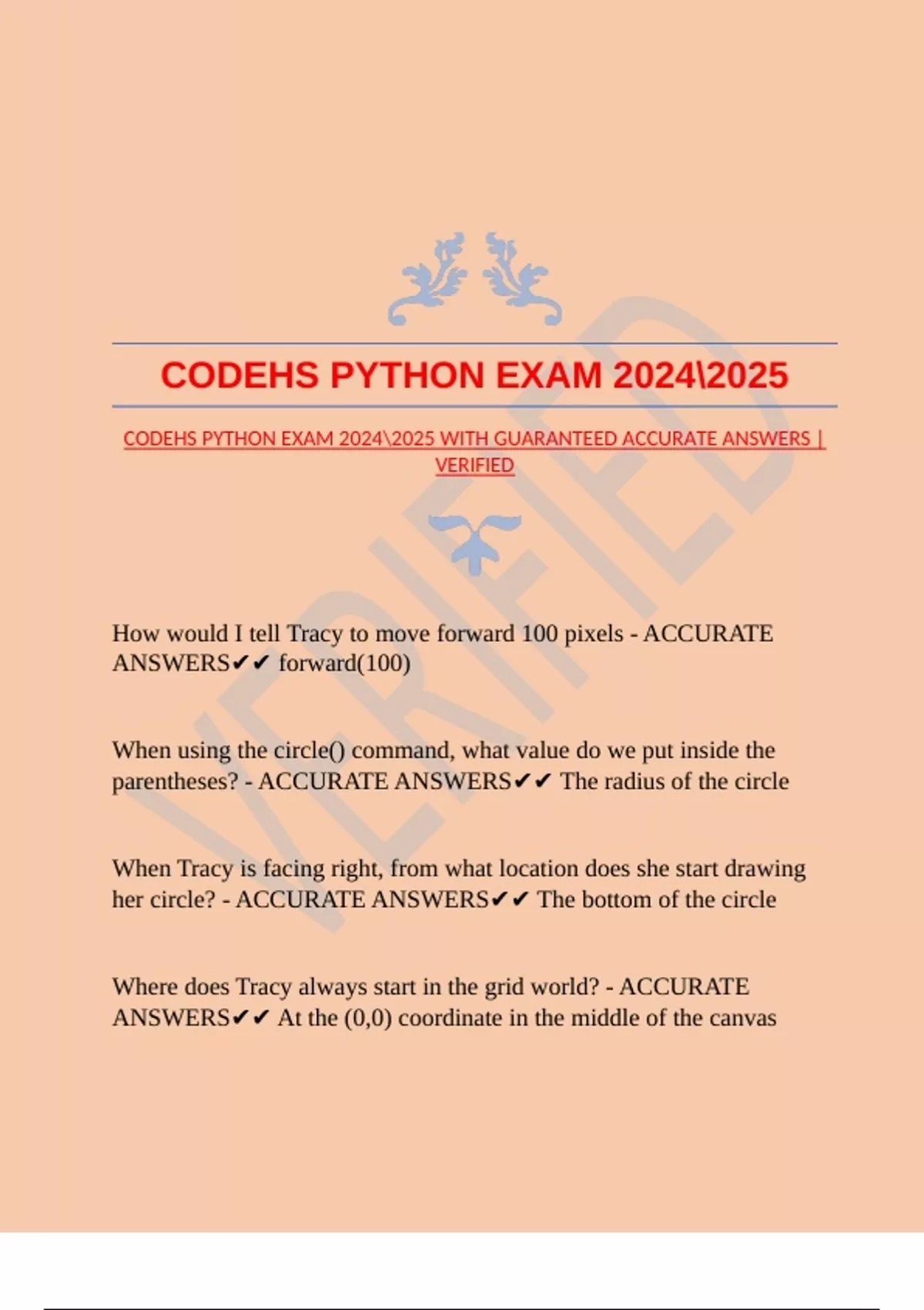 CODEHS PYTHON EXAM WITH GUARANTEED ACCURATE ANSWERS |VERIFIED - CODEHS ...