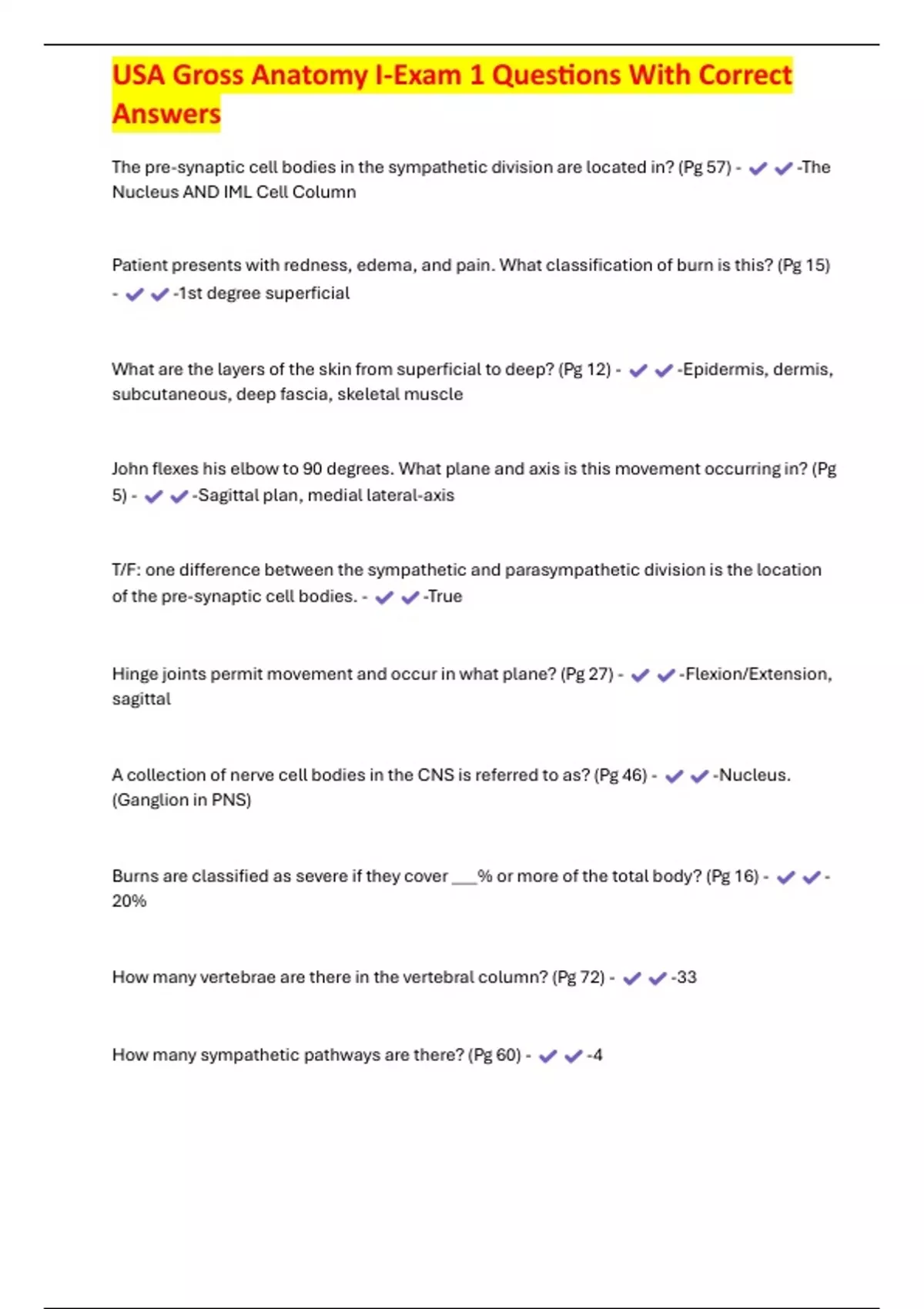 USA Gross Anatomy I-Exam 1 Questions With Correct Answers - USA Gross ...