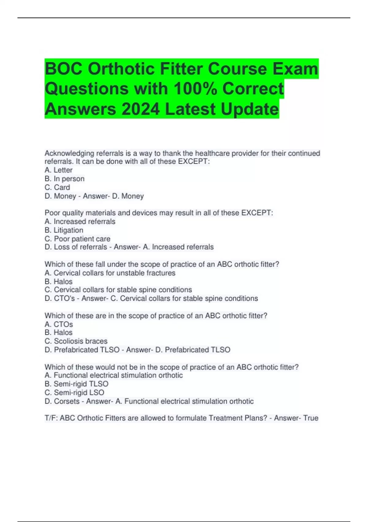 BOC Orthotic Fitter Course Exam Questions with 100% Correct Answers ...