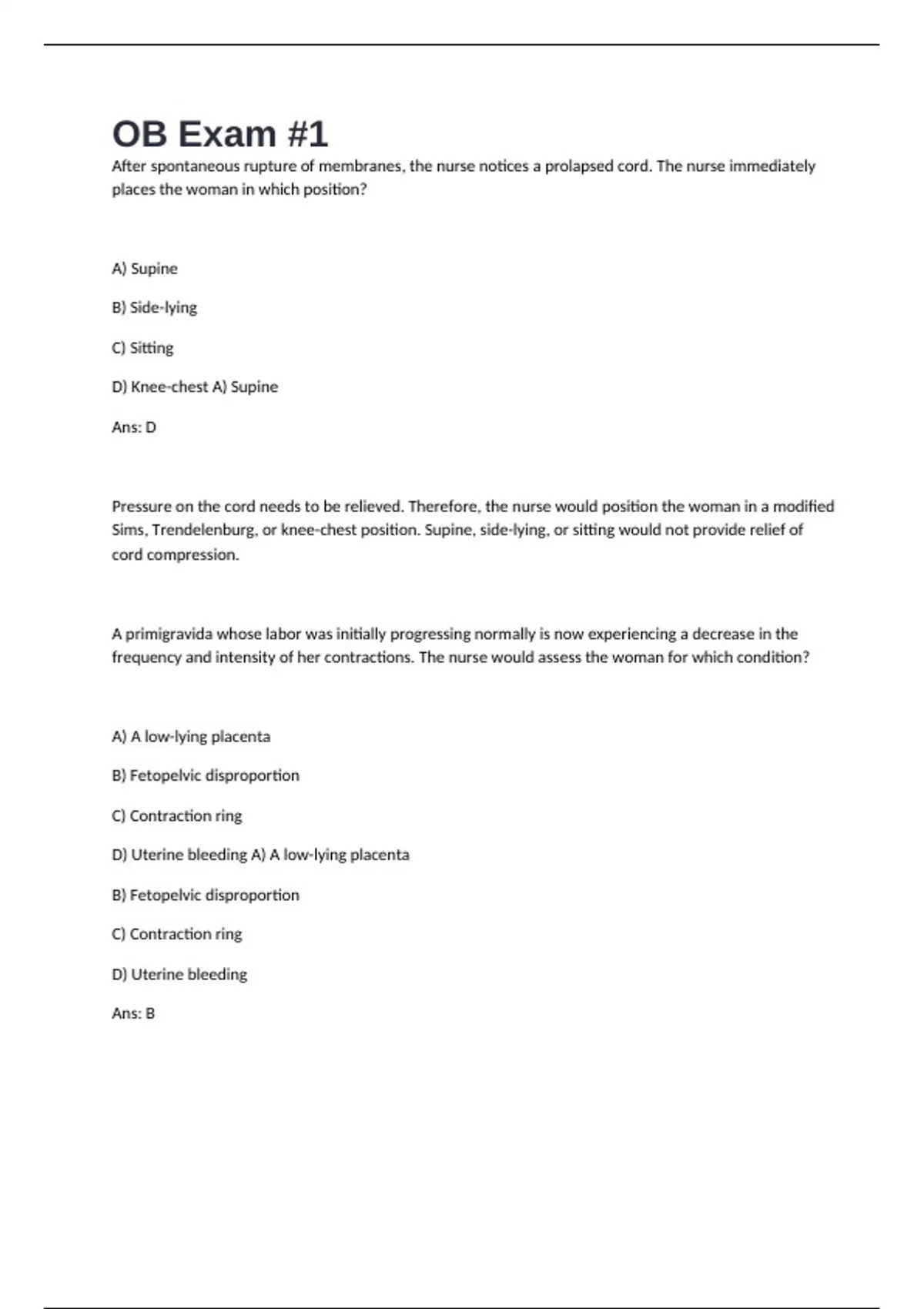 OB Exam #1 Questions And Answers - OB/PED - Stuvia US