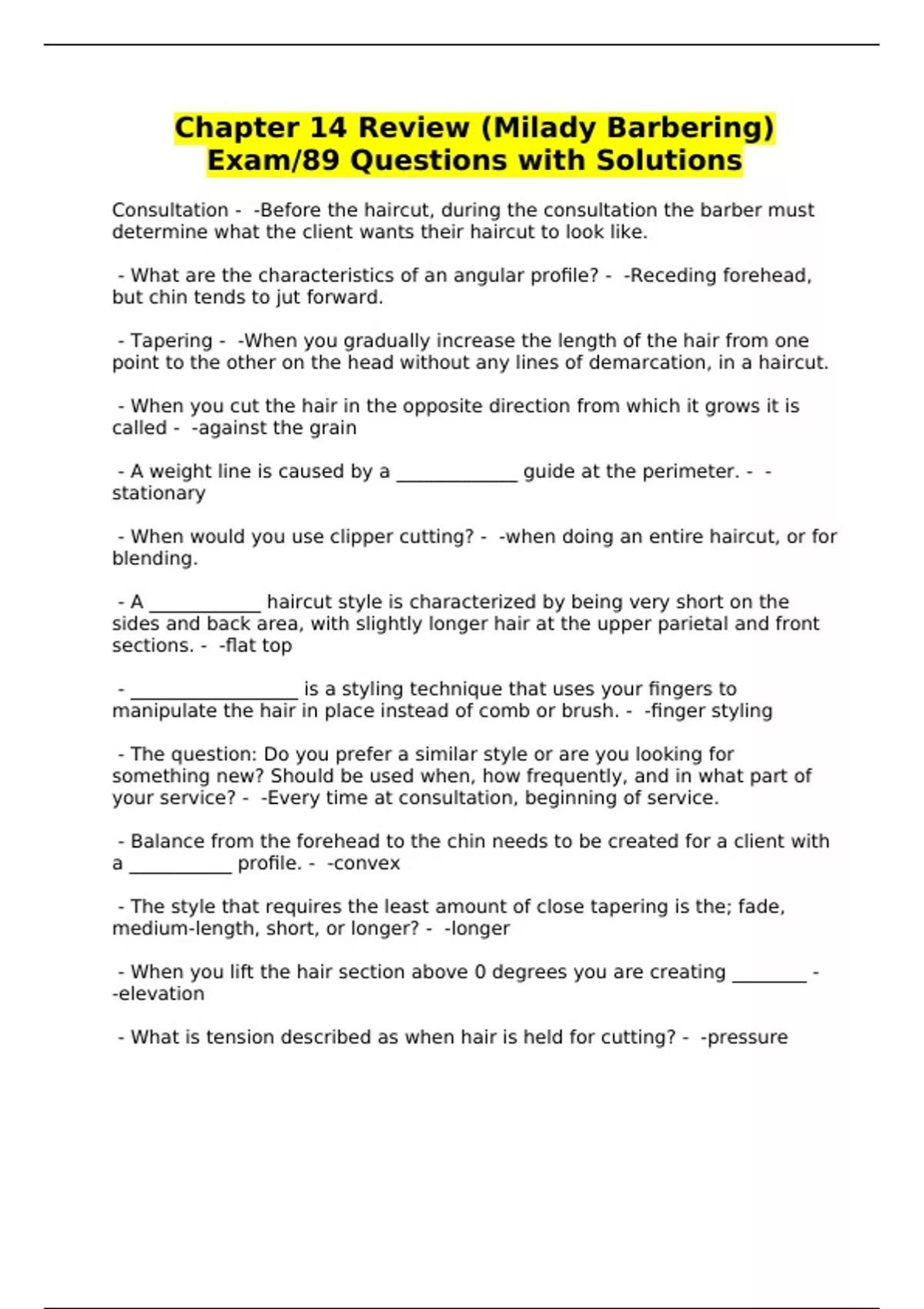 Chapter 14 Review (Milady Barbering) Exam/89 Questions with Solutions ...