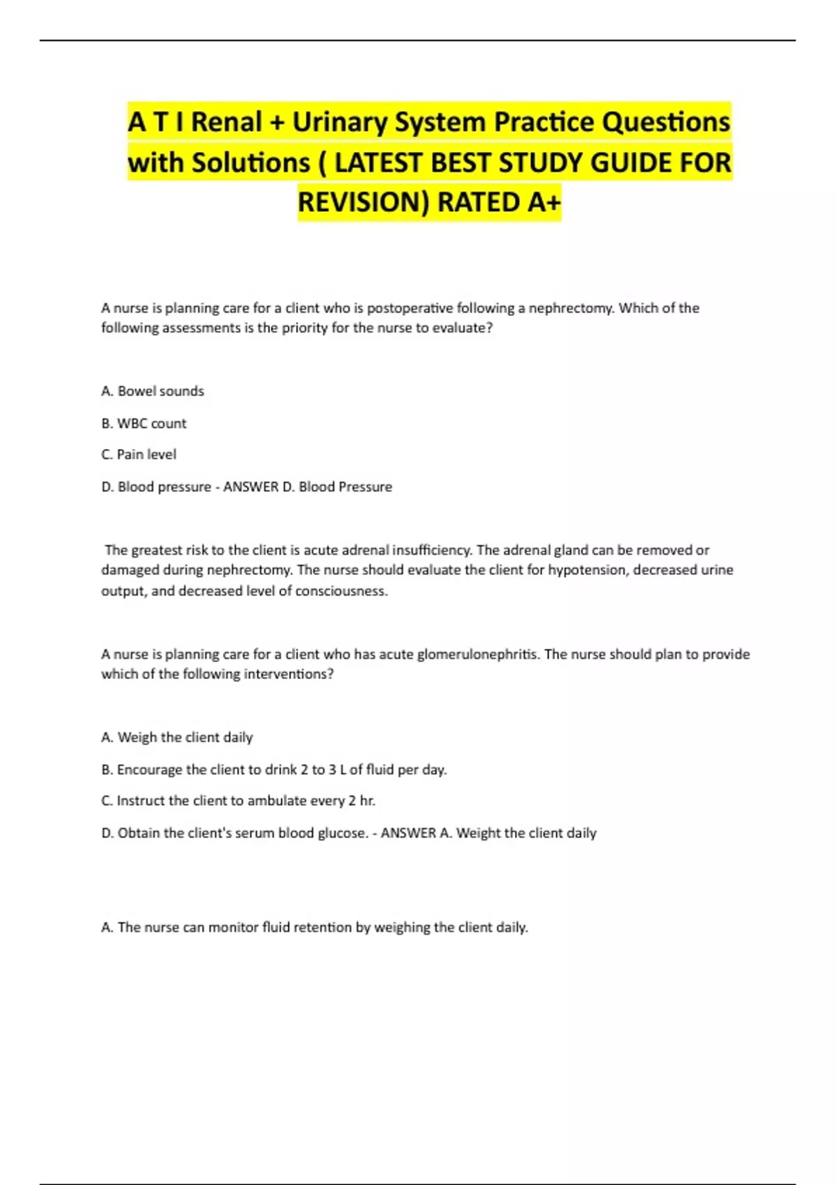 A T I Renal + Urinary System Practice Questions with Solutions ( LATEST ...