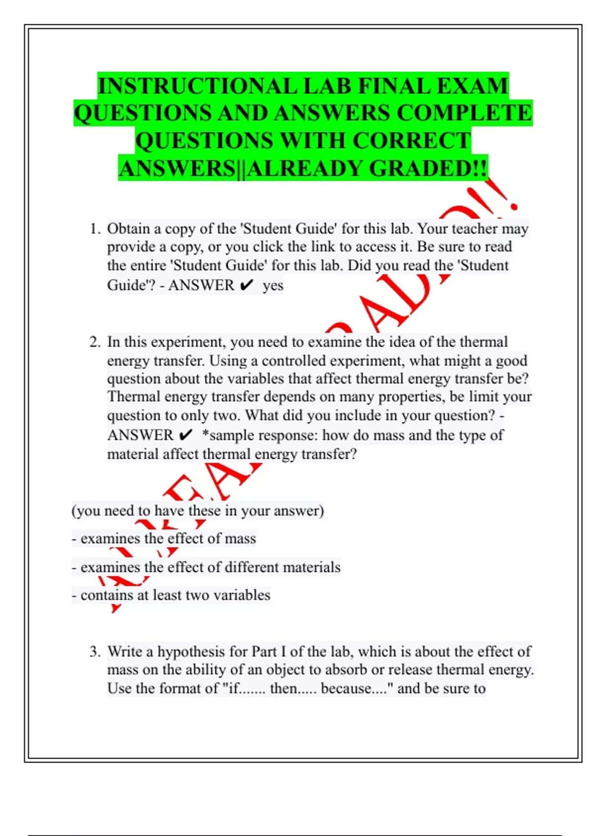 INSTRUCTIONAL LAB FINAL EXAM QUESTIONS AND ANSWERS COMPLETE QUESTIONS ...