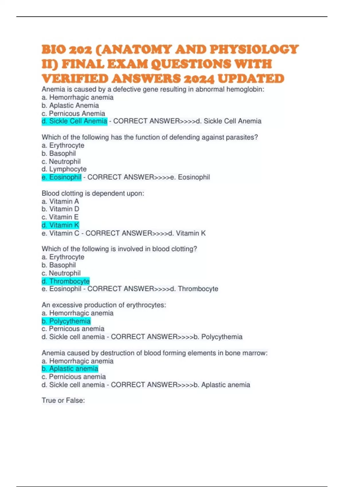 BIO 202 (ANATOMY AND PHYSIOLOGY II) FINAL EXAM QUESTIONS WITH VERIFIED ...