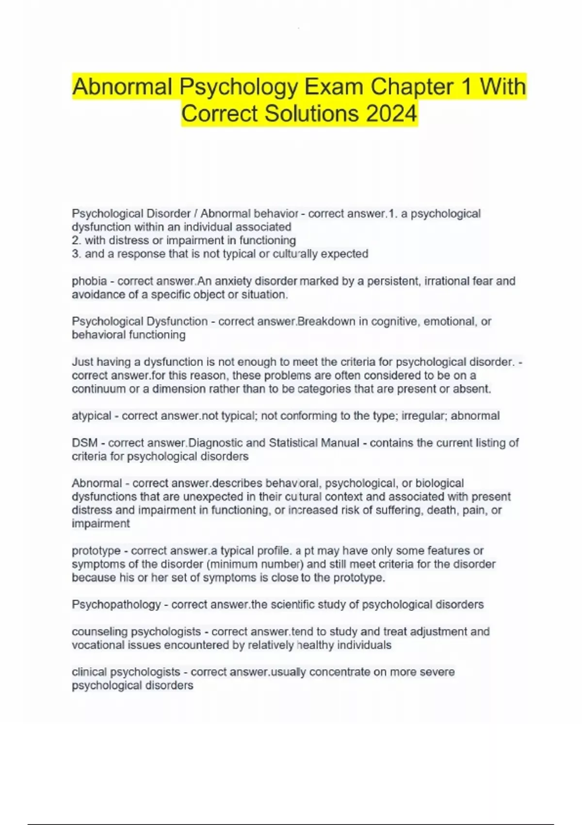 Abnormal Psychology Exam Chapter 1 With Correct Solutions 2024 ...