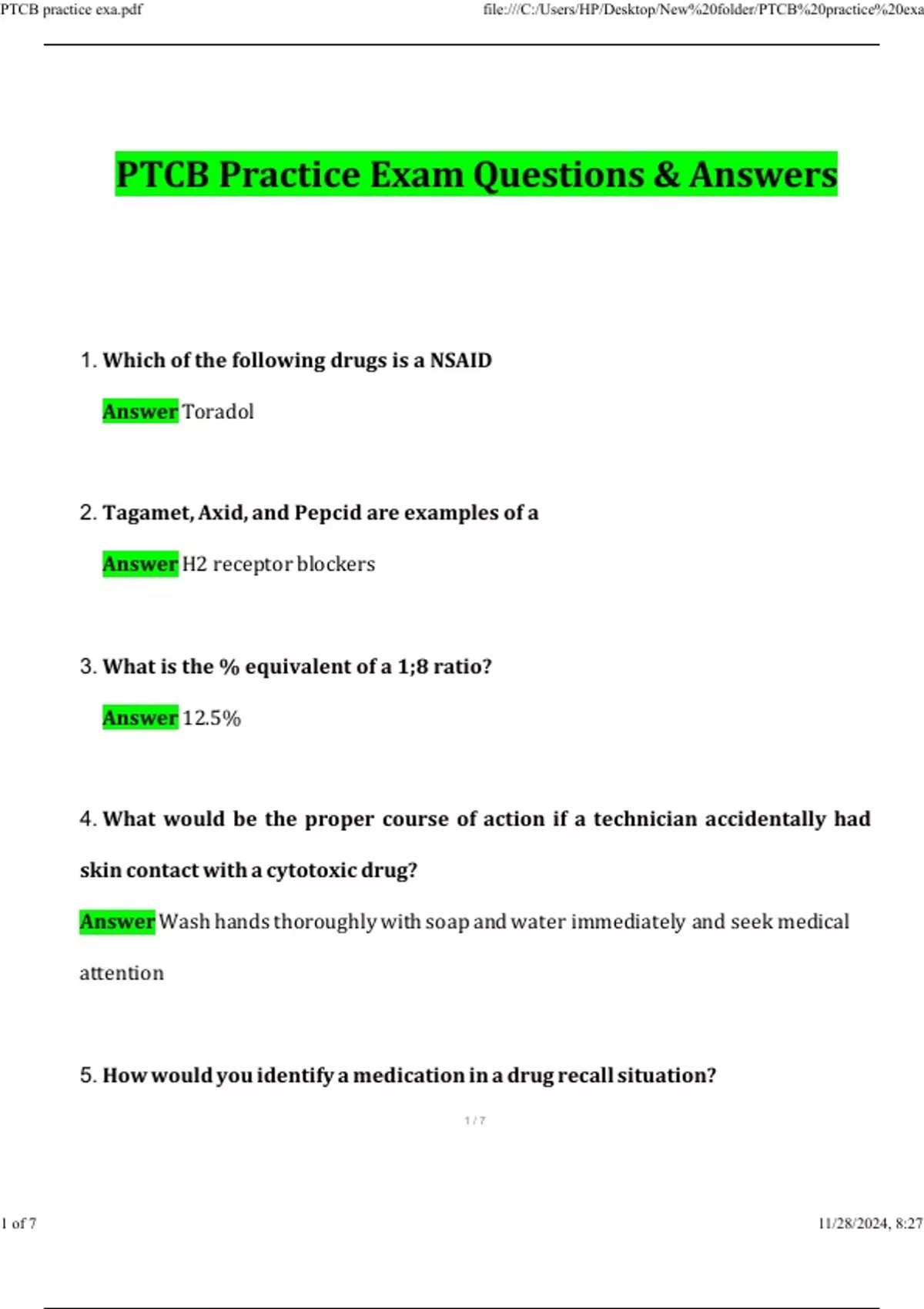 Ptcb Test Example PTCB Practice Exam 2025 Questions and Verified Answers, 100% Guarantee ...
