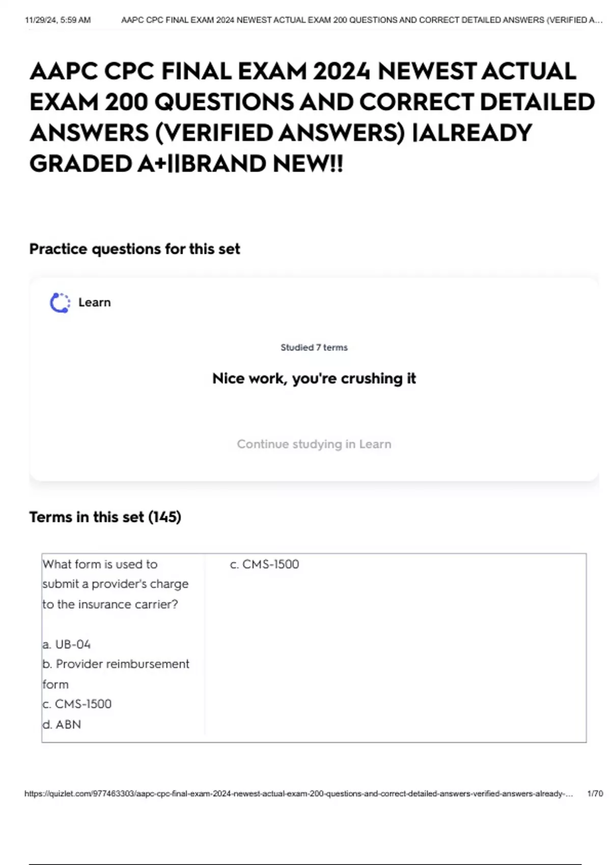 AAPC CPC FINAL EXAM 2024 NEWEST ACTUAL EXAM 200 QUESTIONS AND CORRECT ...