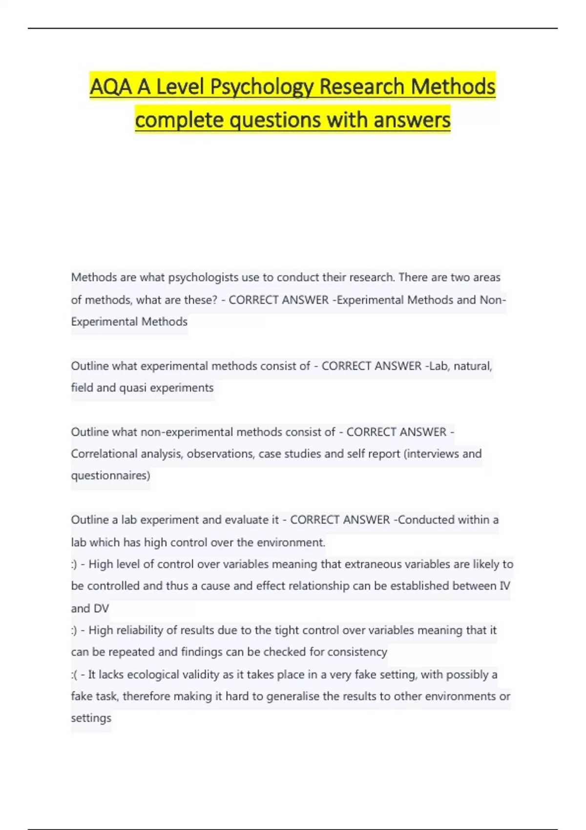 AQA A Level Psychology Biopsychology final test with correct answers ...