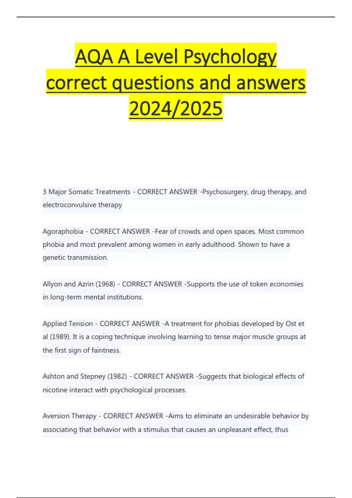 AQA A Level Psychology correct questions and answers 2024/2025 Complete ...
