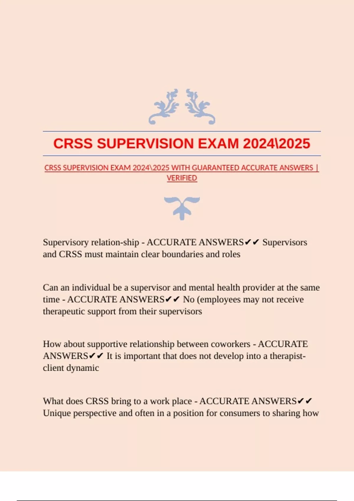 CRSS SUPERVISION EXAM WITH GUARANTEED ACCURATE ANSWERS |VERIFIED - CRSS ...