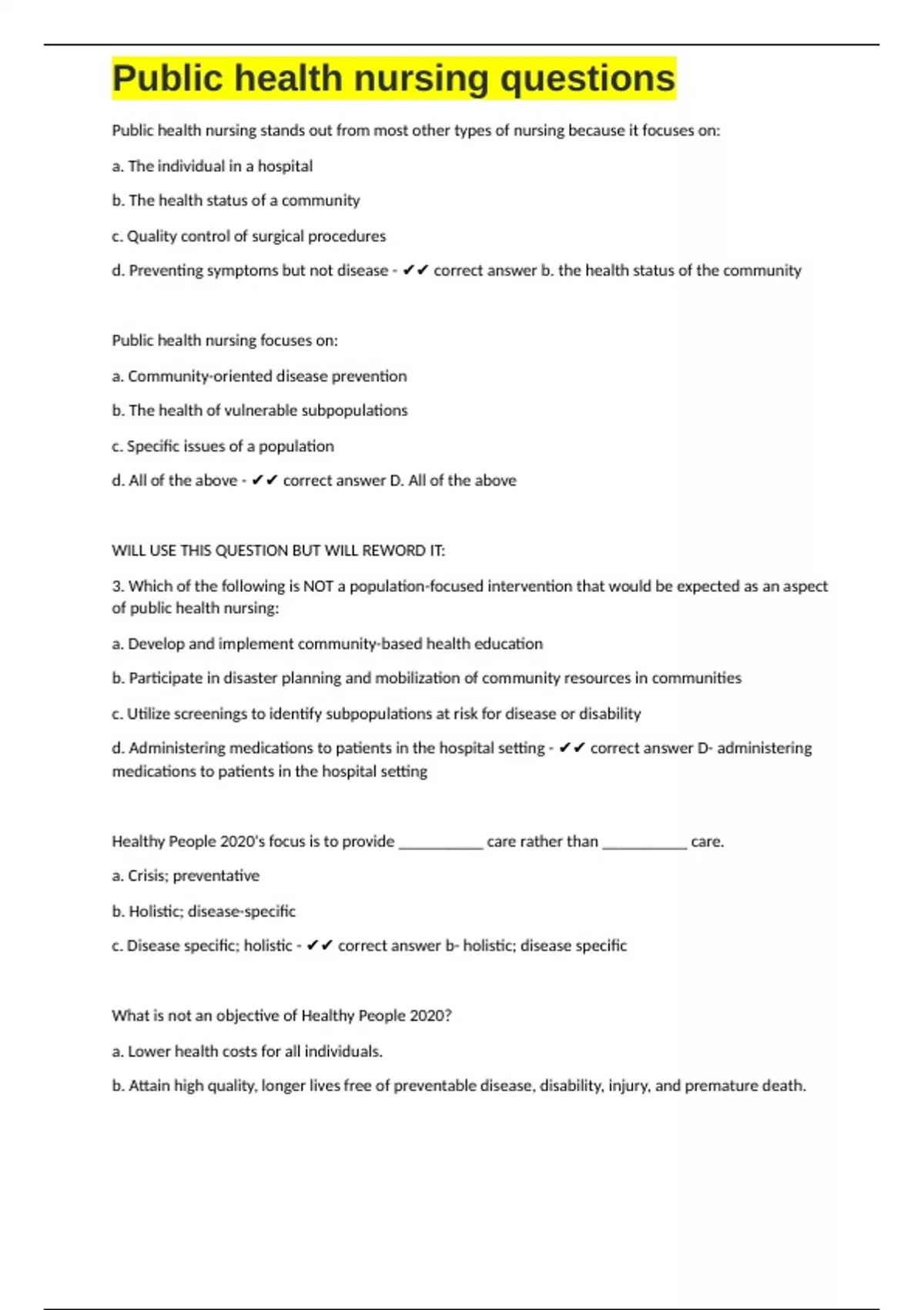 Public health nursing exam questions and complete correct answers 2024/ ...