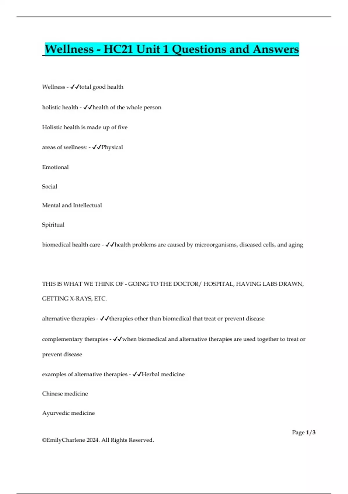 Hc21 Form Example Wellness - HC21 Unit 1 Questions and Answers - HC21 - Stuvia US