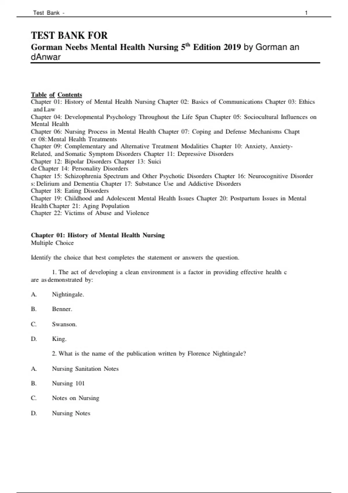 Test bank for gorman neebs mental health nursing 5th edition 2019 by ...