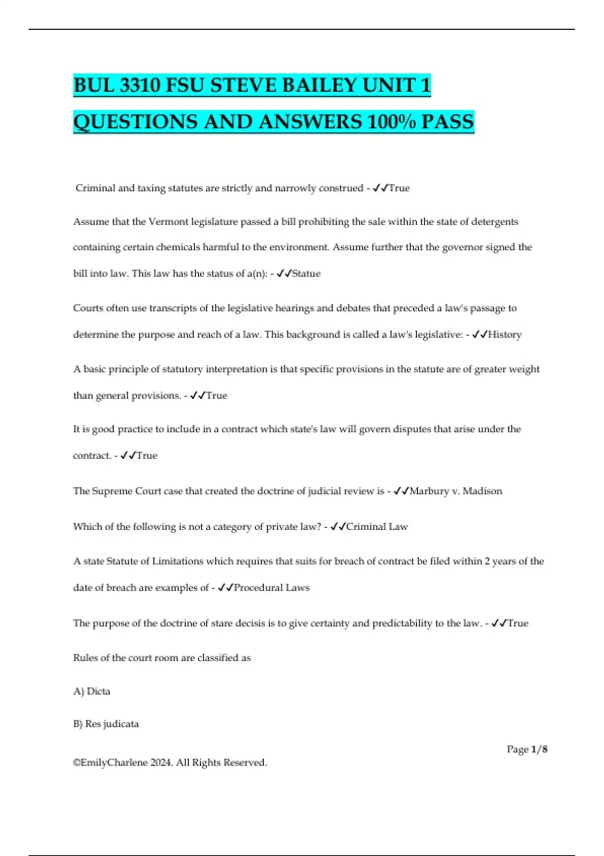 BUL 3310 FSU STEVE BAILEY UNIT 1 QUESTIONS AND ANSWERS 100% PASS - BUL ...
