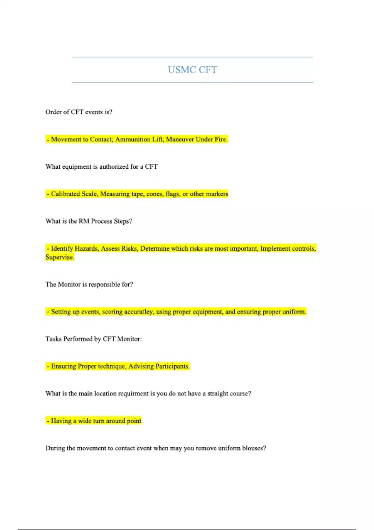 USMC CFT questions with correct answers CFT Monitor USMC Stuvia US USMC CFT questions with correct answers CFT Monitor USMC Stuvia US