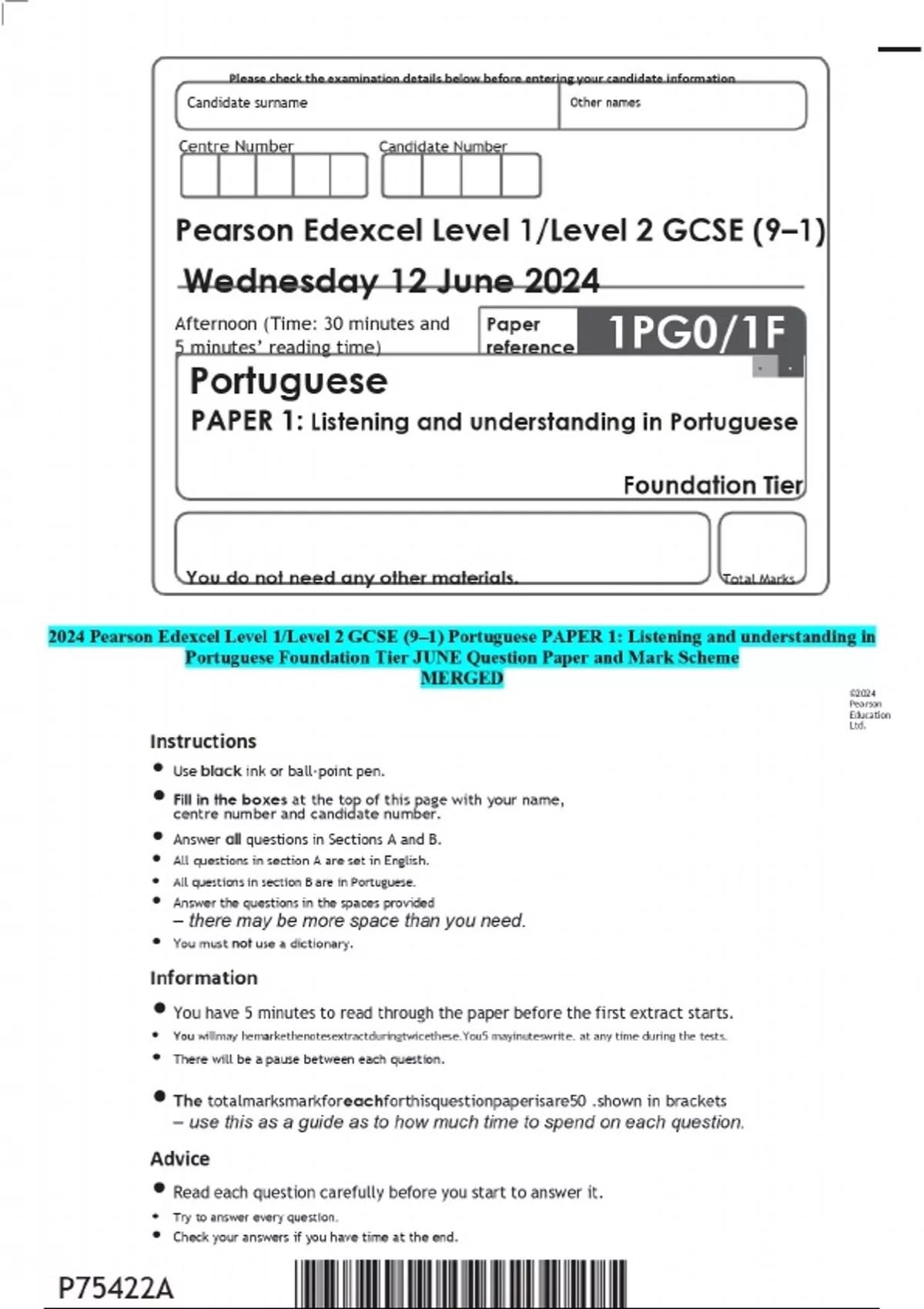 2024 Pearson Edexcel Level 1/Level 2 GCSE (9–1) Portuguese PAPER 1 ...